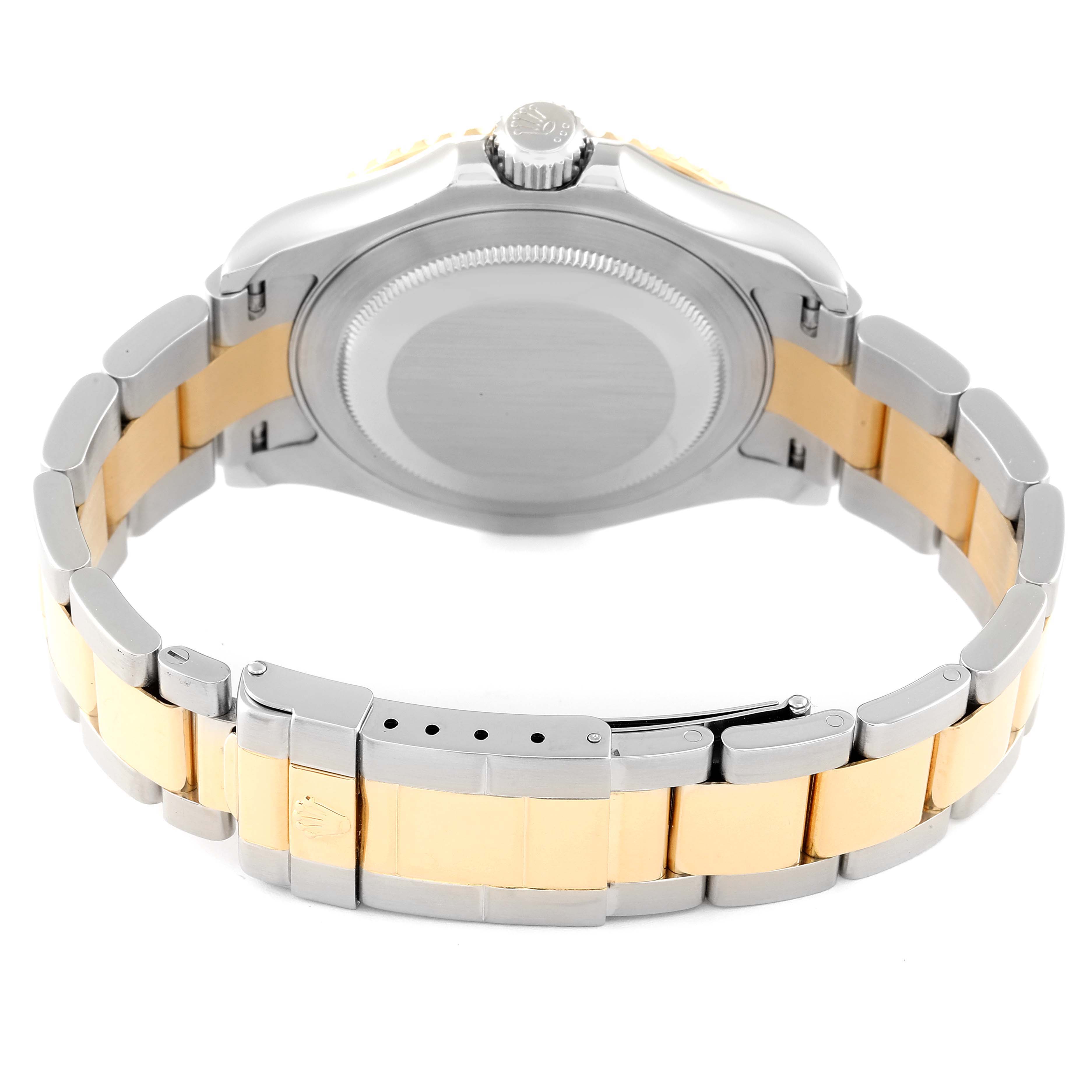 This image shows the back case and bracelet of a Rolex Yacht-Master 16623 Men
s Steel and Gold (two tone) Champagne Dial 16623 Men
s Steel and Gold (two tone) Champagne Dial watch at a rear angle.