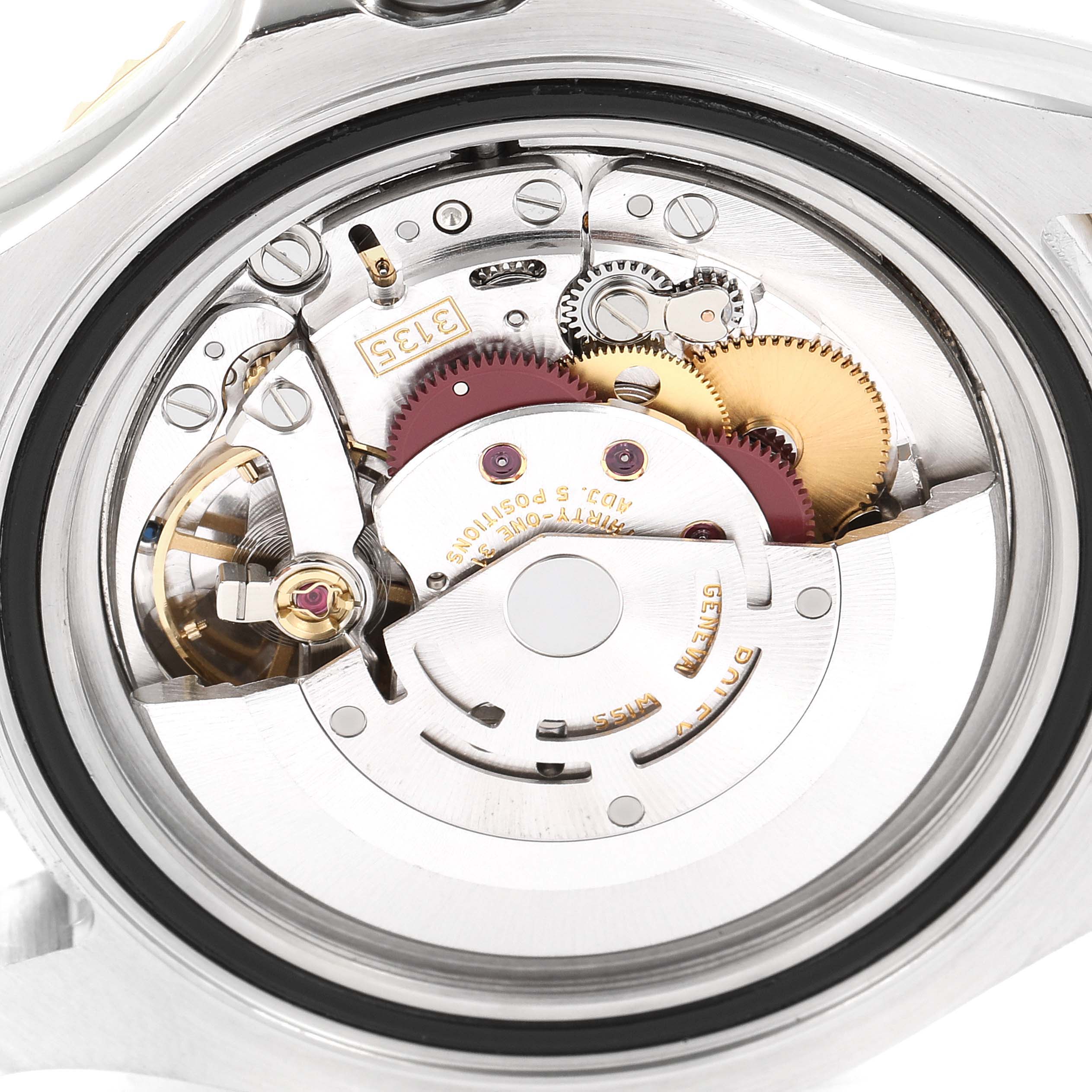 This image shows a close-up view of the movement mechanism inside a Rolex Yacht-Master 16623 Men
s Steel and Gold (two tone) Champagne Dial 16623 Men
s Steel and Gold (two tone) Champagne Dial watch.
