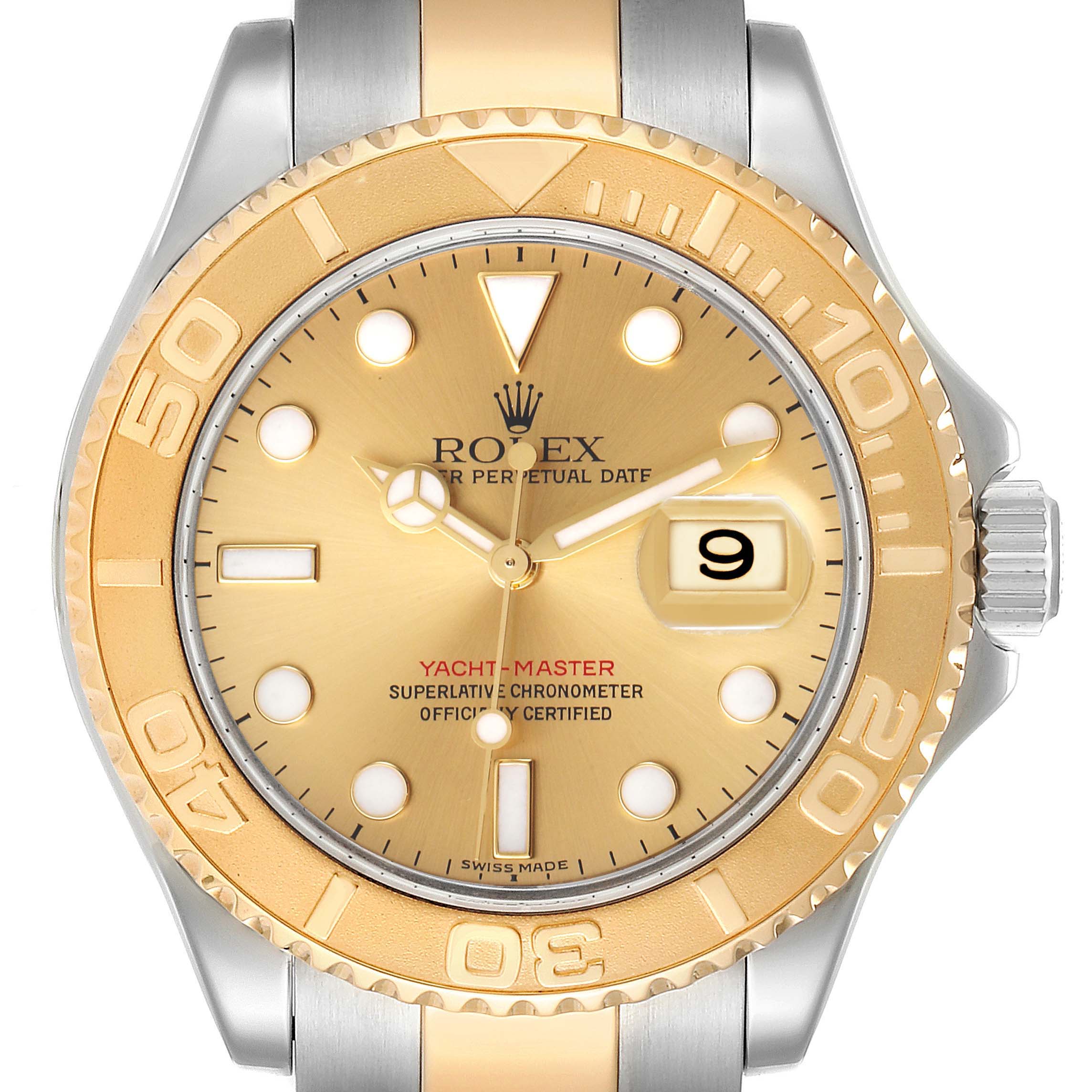 This image shows a front view of a Rolex Yacht-Master 16623 Men
s Steel and Gold (two tone) Champagne Dial 16623 Men
s Steel and Gold (two tone) Champagne Dial watch, highlighting the dial, bezel, crown, and part of the bracelet.