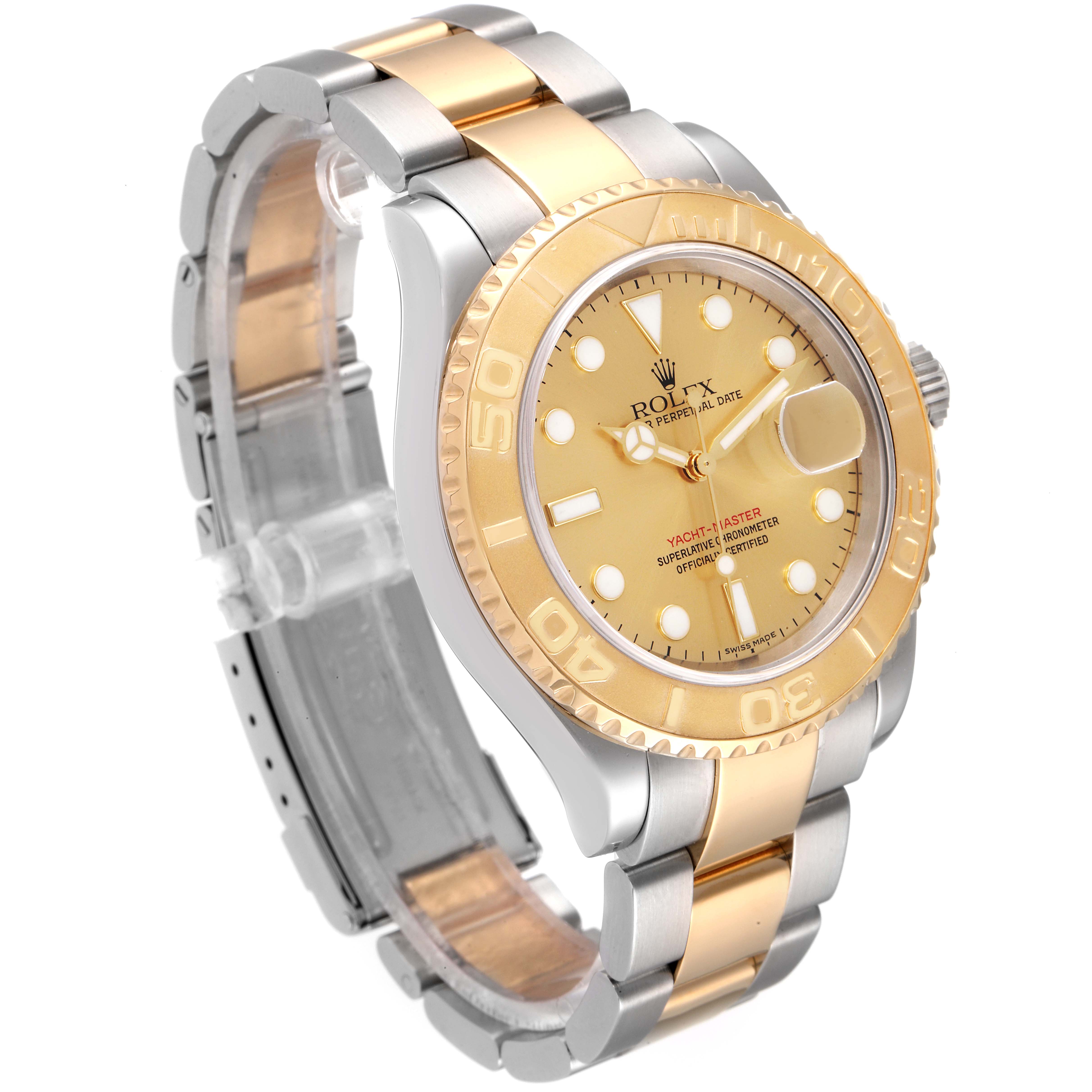 The Yacht-Master by Rolex is shown at a three-quarter angle, highlighting the gold bezel, dial, and two-tone bracelet.