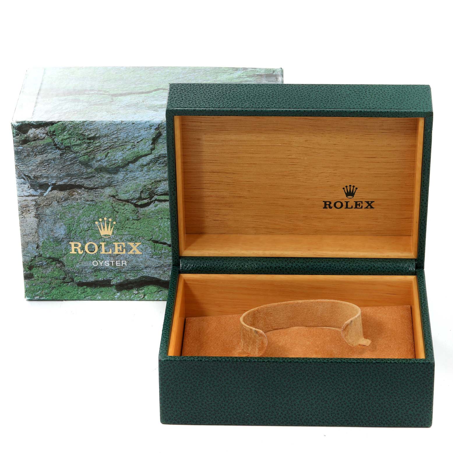 The image shows an open Rolex Yacht-Master 16623 Men
s Steel and Gold (two tone) Champagne Dial 16623 Men
s Steel and Gold (two tone) Champagne Dial watch box and its outer packaging, viewed from the front.