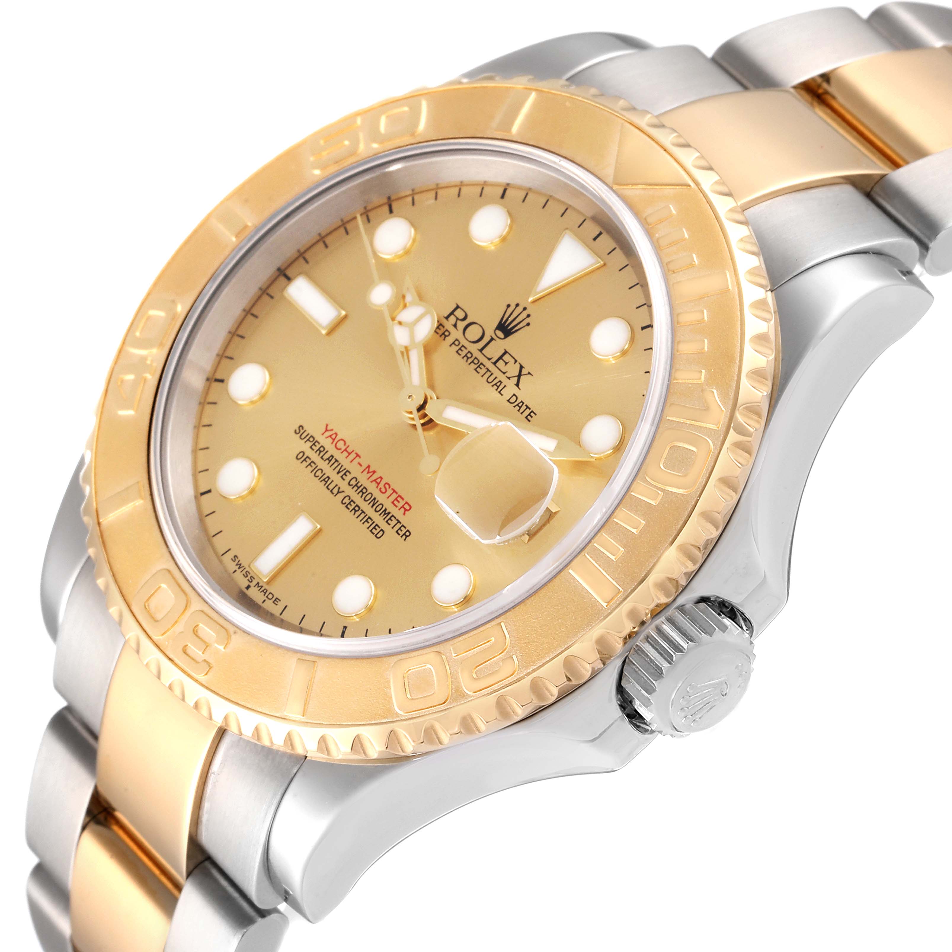 The image shows a Rolex Yacht-Master 16623 Men
s Steel and Gold (two tone) Champagne Dial 16623 Men
s Steel and Gold (two tone) Champagne Dial watch at an oblique angle highlighting the dial, bezel, and crown.