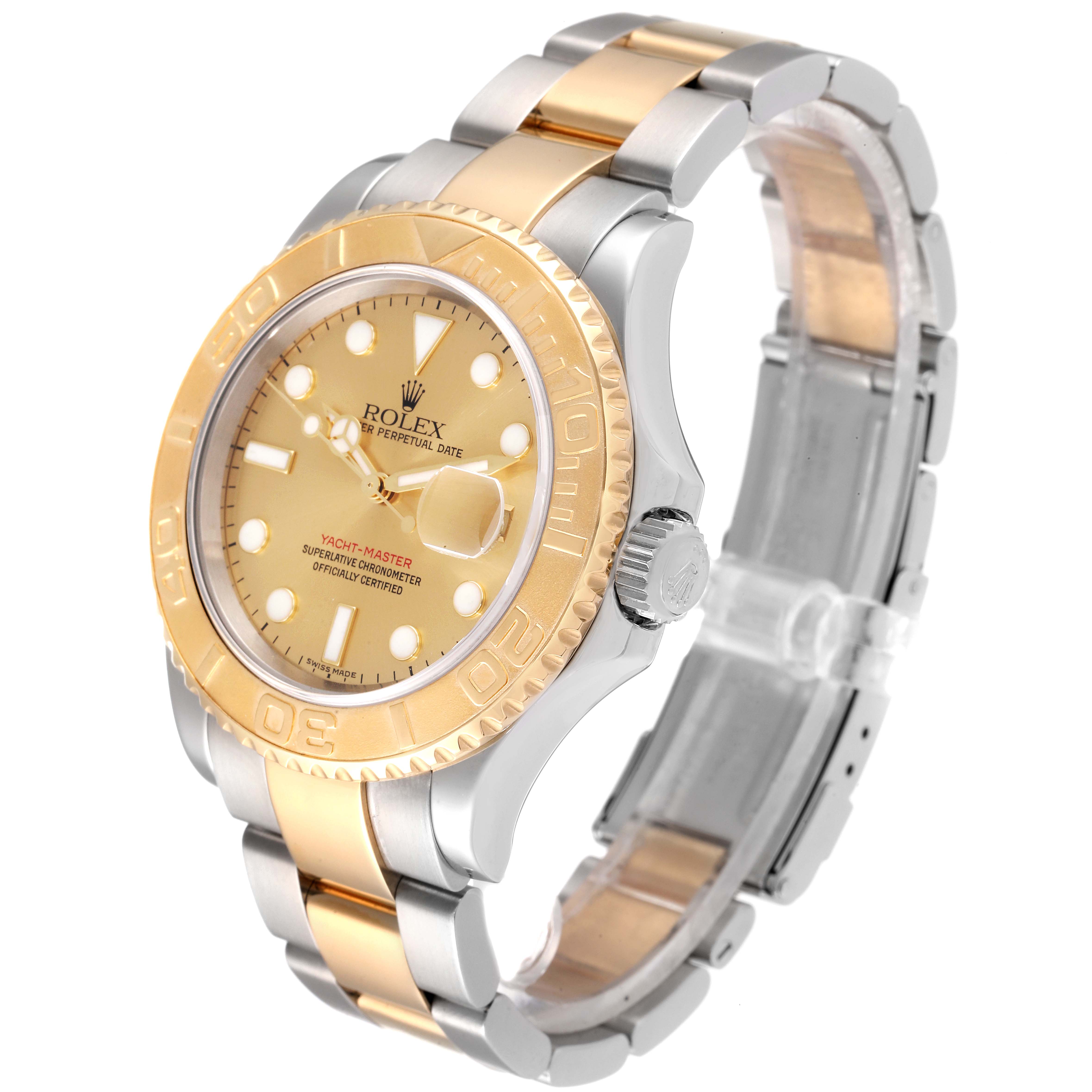 The image shows a Rolex Yacht-Master 16623 Men
s Steel and Gold (two tone) Champagne Dial 16623 Men
s Steel and Gold (two tone) Champagne Dial watch from a three-quarter angle, highlighting the bezel, dial, and bracelet.