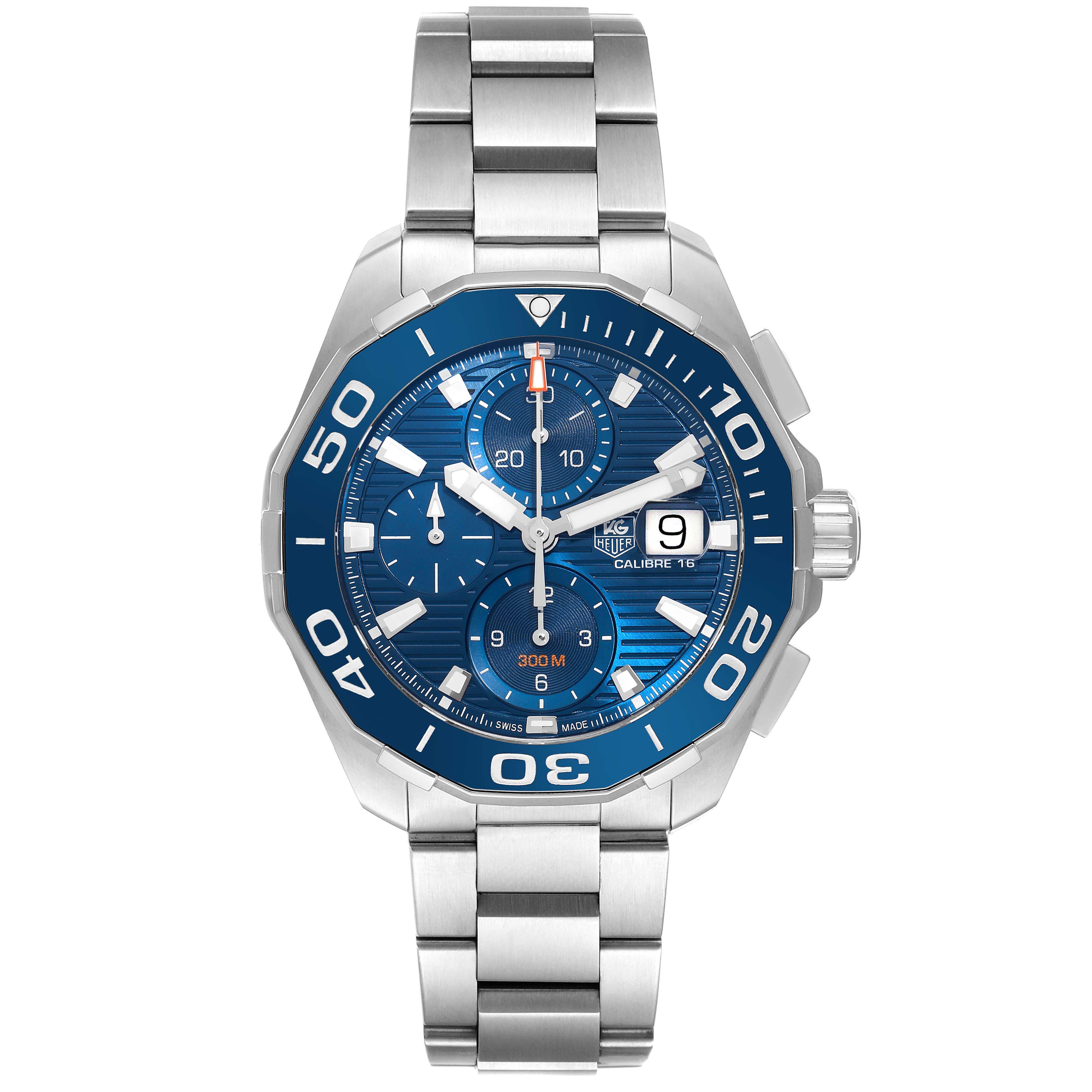 The Tag Heuer Aquaracer CAY211B.BA0927 Men's Stainless Steel Blue Dial CAY211B.BA0927 Men's Stainless Steel Blue Dial watch is shown from the front, displaying the dial, bezel, and metal bracelet.