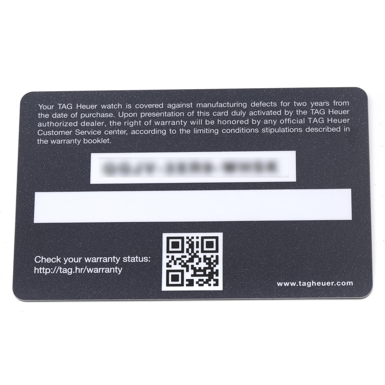 This image shows a warranty card for the Tag Heuer Aquaracer CAY211B.BA0927 Men's Stainless Steel Blue Dial CAY211B.BA0927 Men's Stainless Steel Blue Dial watch, featuring text, a QR code, and a web link.
