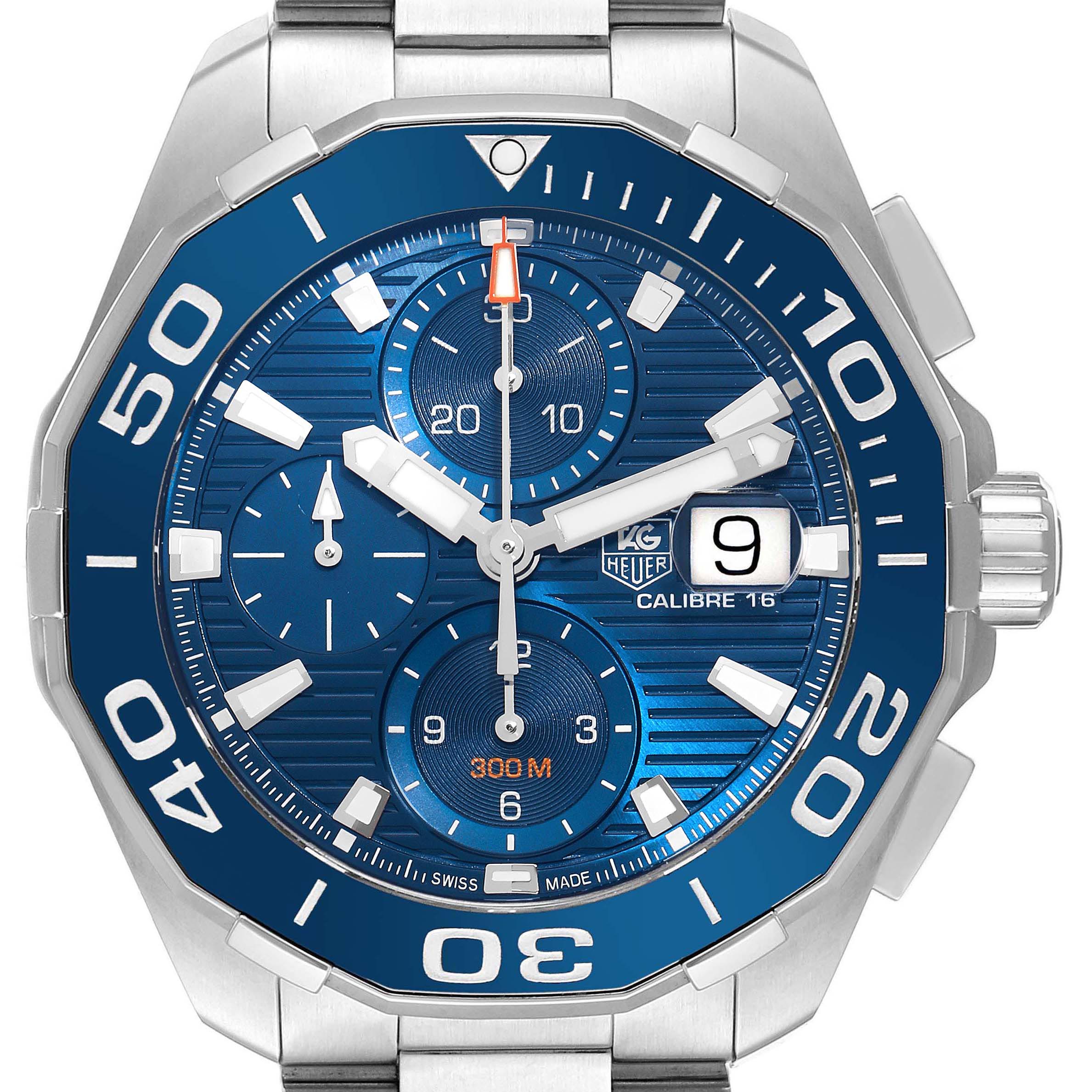The Tag Heuer Aquaracer CAY211B.BA0927 Men's Stainless Steel Blue Dial CAY211B.BA0927 Men's Stainless Steel Blue Dial is shown from a frontal angle, highlighting its blue dial, chronograph subdials, bezel, and date window.