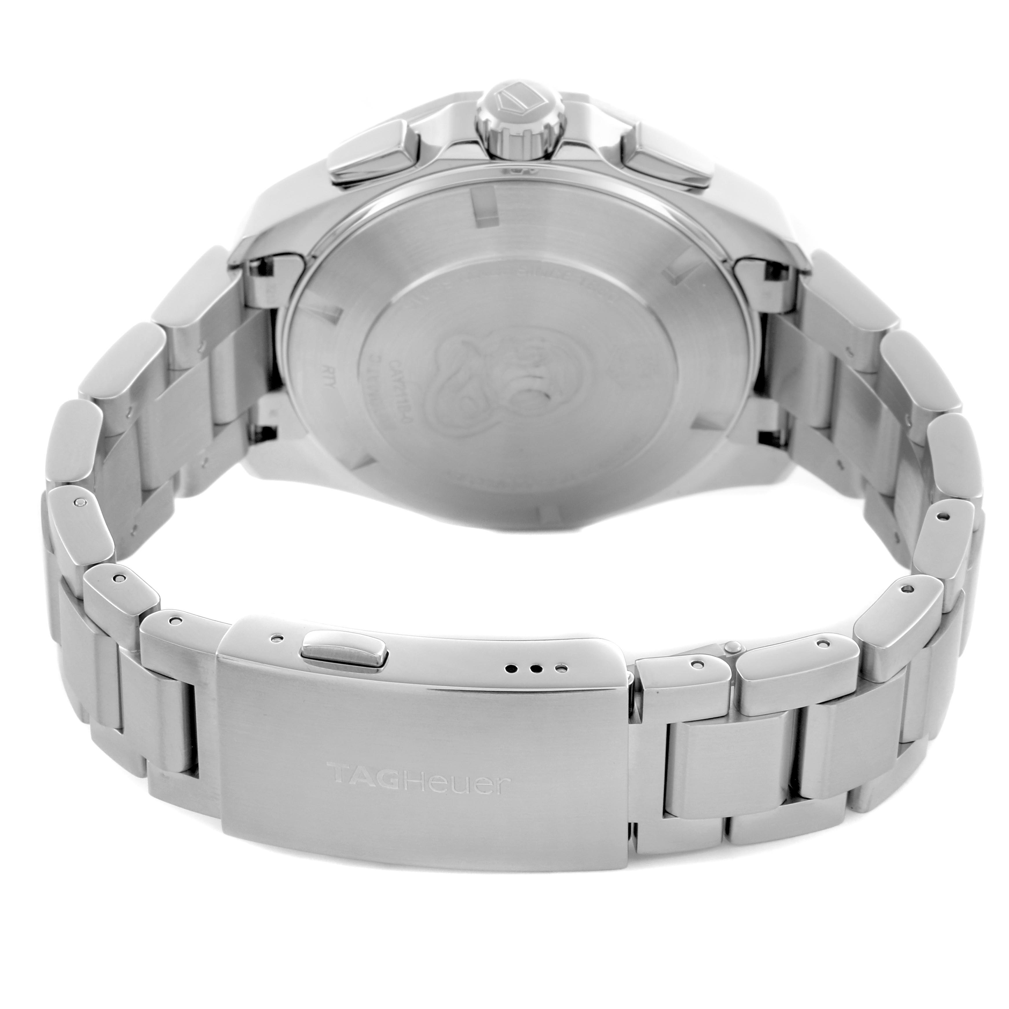 The Tag Heuer Aquaracer CAY211B.BA0927 Men's Stainless Steel Blue Dial CAY211B.BA0927 Men's Stainless Steel Blue Dial watch is shown from the back, highlighting the bracelet, clasp, and case back.