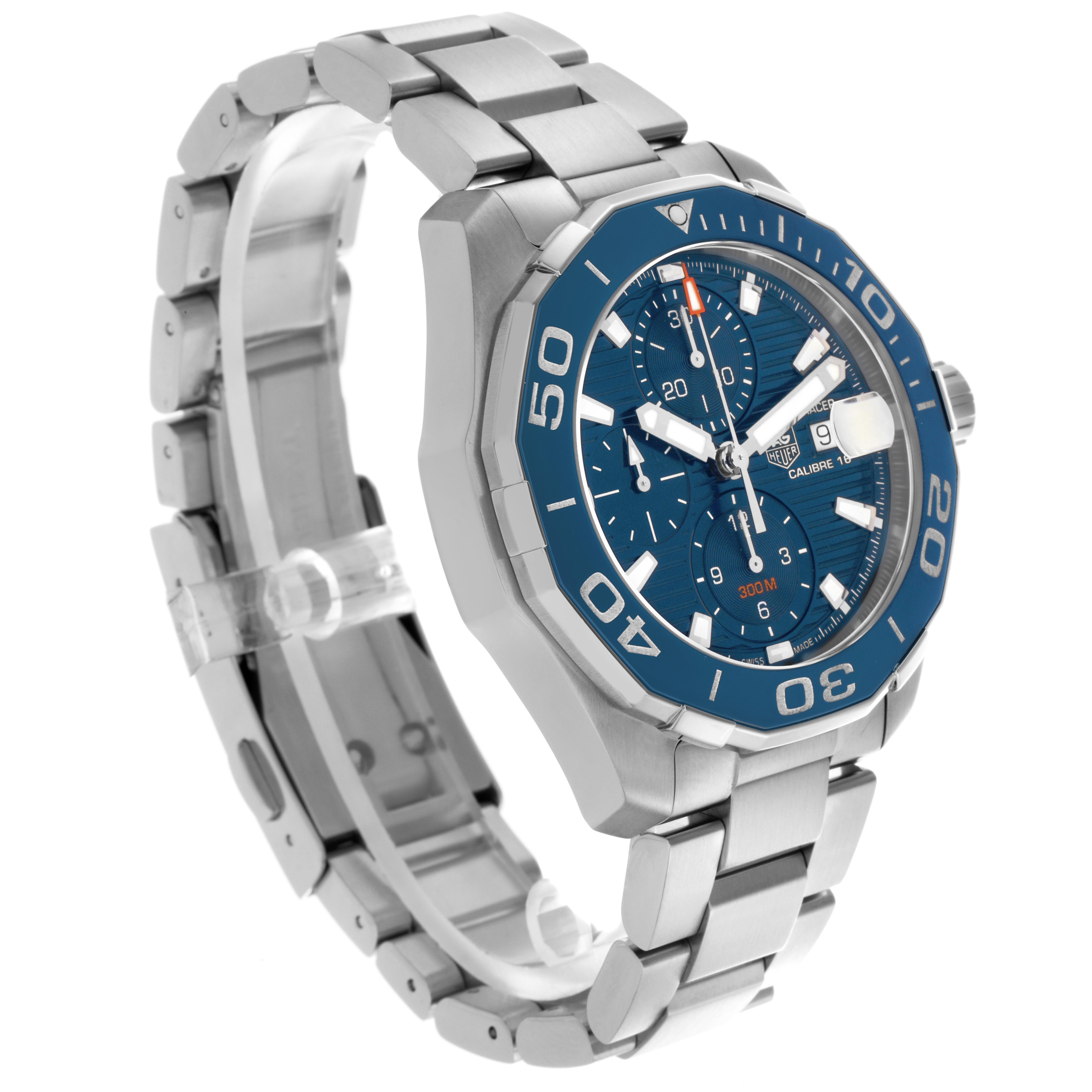 The Tag Heuer Aquaracer CAY211B.BA0927 Men's Stainless Steel Blue Dial CAY211B.BA0927 Men's Stainless Steel Blue Dial watch is shown at an angled side view, highlighting the face, bezel, bracelet, and clasp.