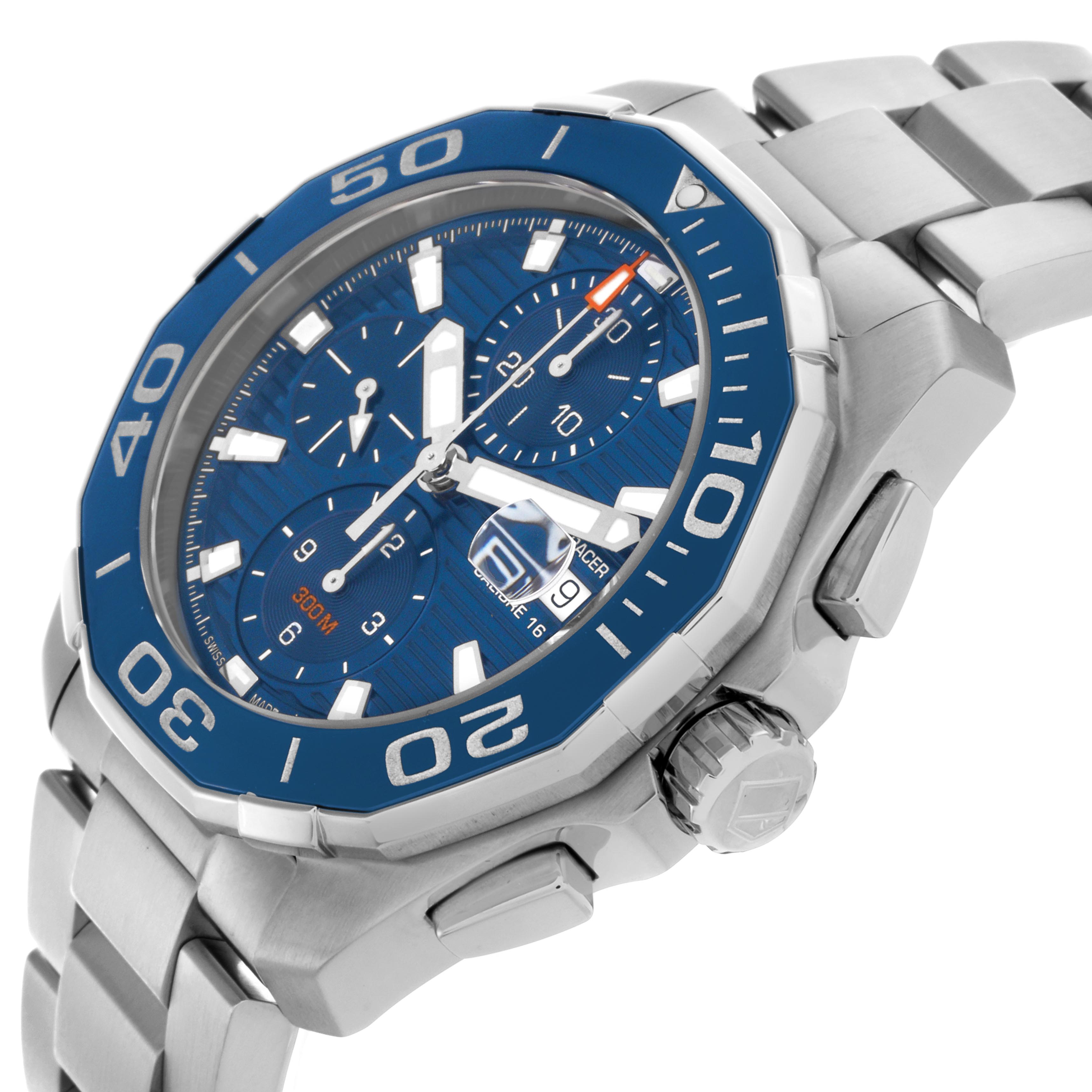The image shows a Tag Heuer Aquaracer CAY211B.BA0927 Men's Stainless Steel Blue Dial CAY211B.BA0927 Men's Stainless Steel Blue Dial at an angled view, highlighting the blue bezel, dial, crown, and bracelet.