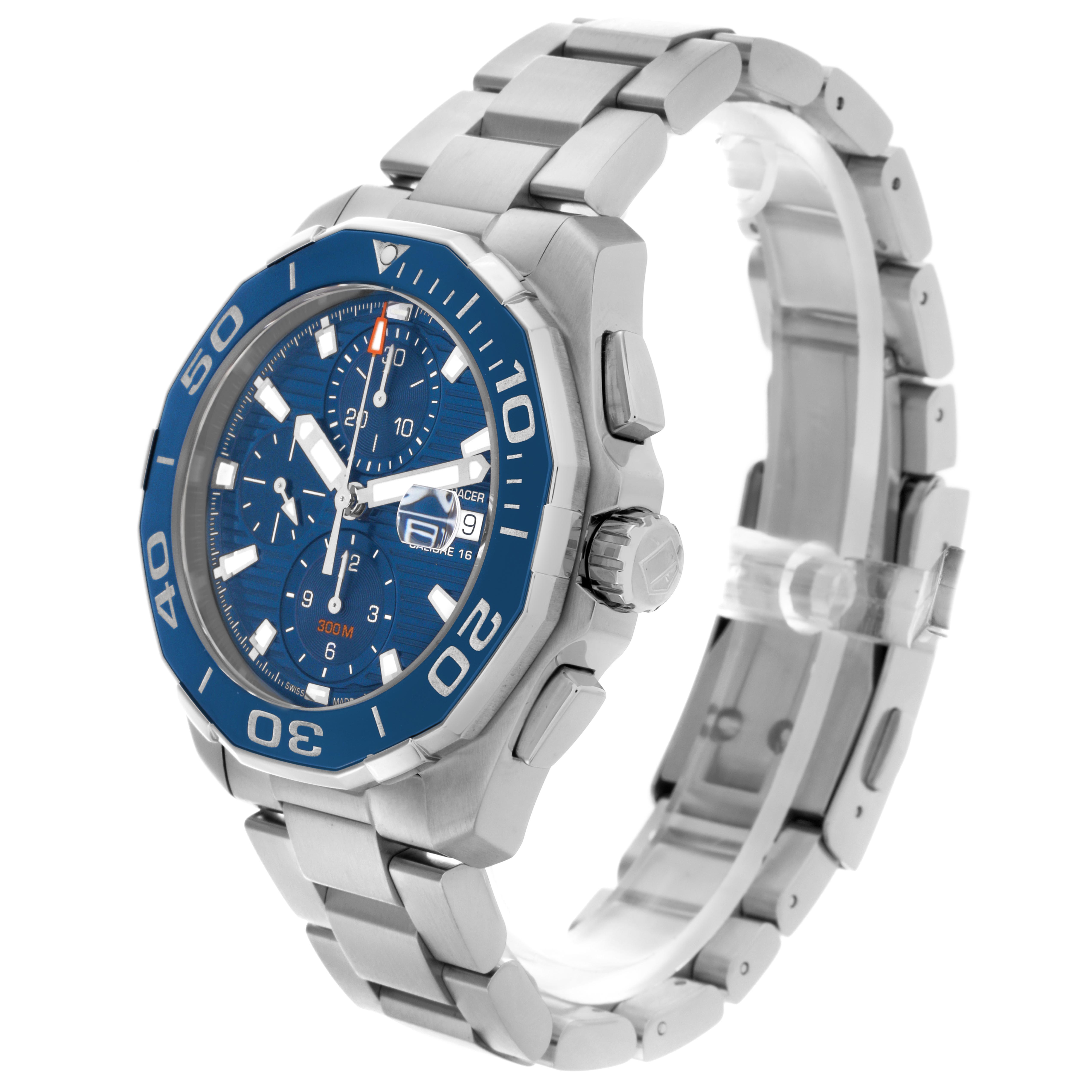 The Tag Heuer Aquaracer CAY211B.BA0927 Men's Stainless Steel Blue Dial CAY211B.BA0927 Men's Stainless Steel Blue Dial watch is shown at an angle displaying the dial, bezel, crown, and full bracelet.