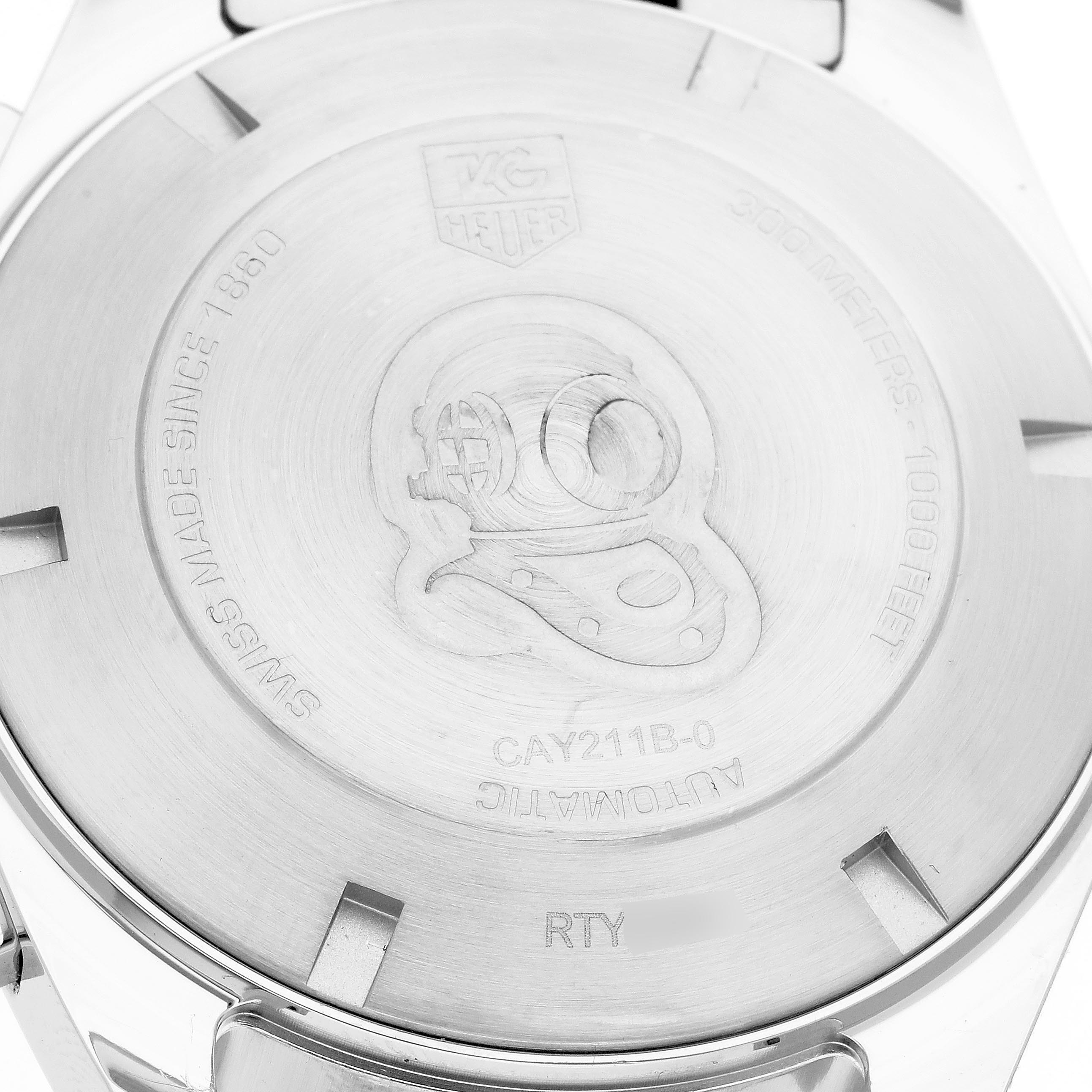 The image shows the back case of a Tag Heuer Aquaracer CAY211B.BA0927 Men's Stainless Steel Blue Dial CAY211B.BA0927 Men's Stainless Steel Blue Dial watch, highlighting the engravings and branding details.