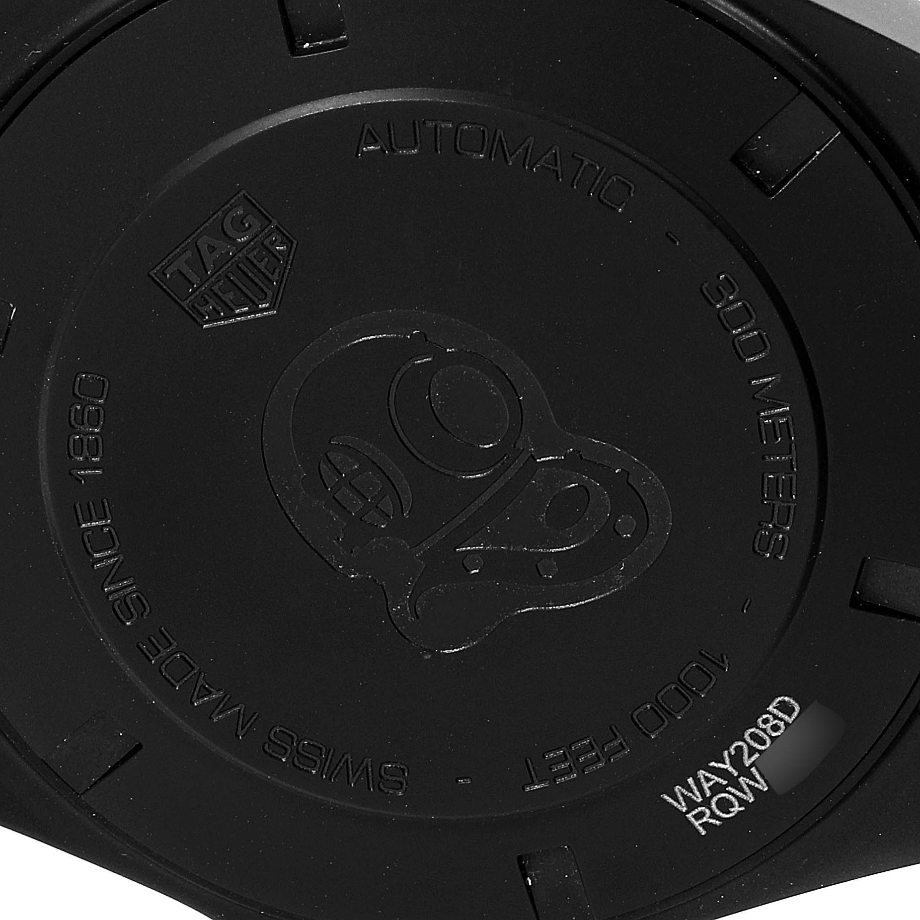 The image shows the case back of a Tag Heuer Aquaracer WAY208D.FC8221 Men's Titanium Blue Dial WAY208D.FC8221 Men's Titanium Blue Dial watch, detailing water resistance and branding.