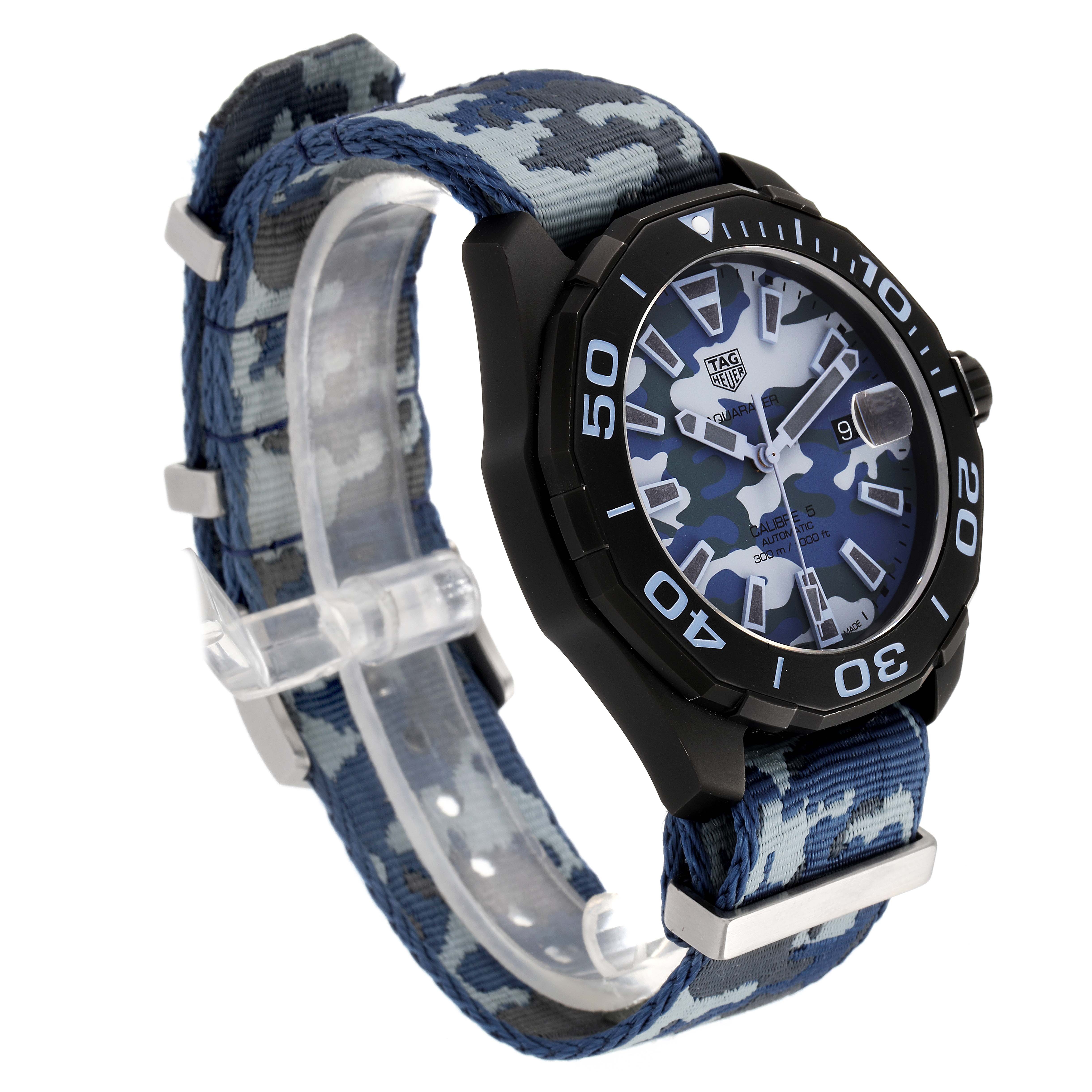 The image shows a side and partial front angle of a Tag Heuer Aquaracer WAY208D.FC8221 Men's Titanium Blue Dial WAY208D.FC8221 Men's Titanium Blue Dial watch, highlighting the strap, bezel, and face.