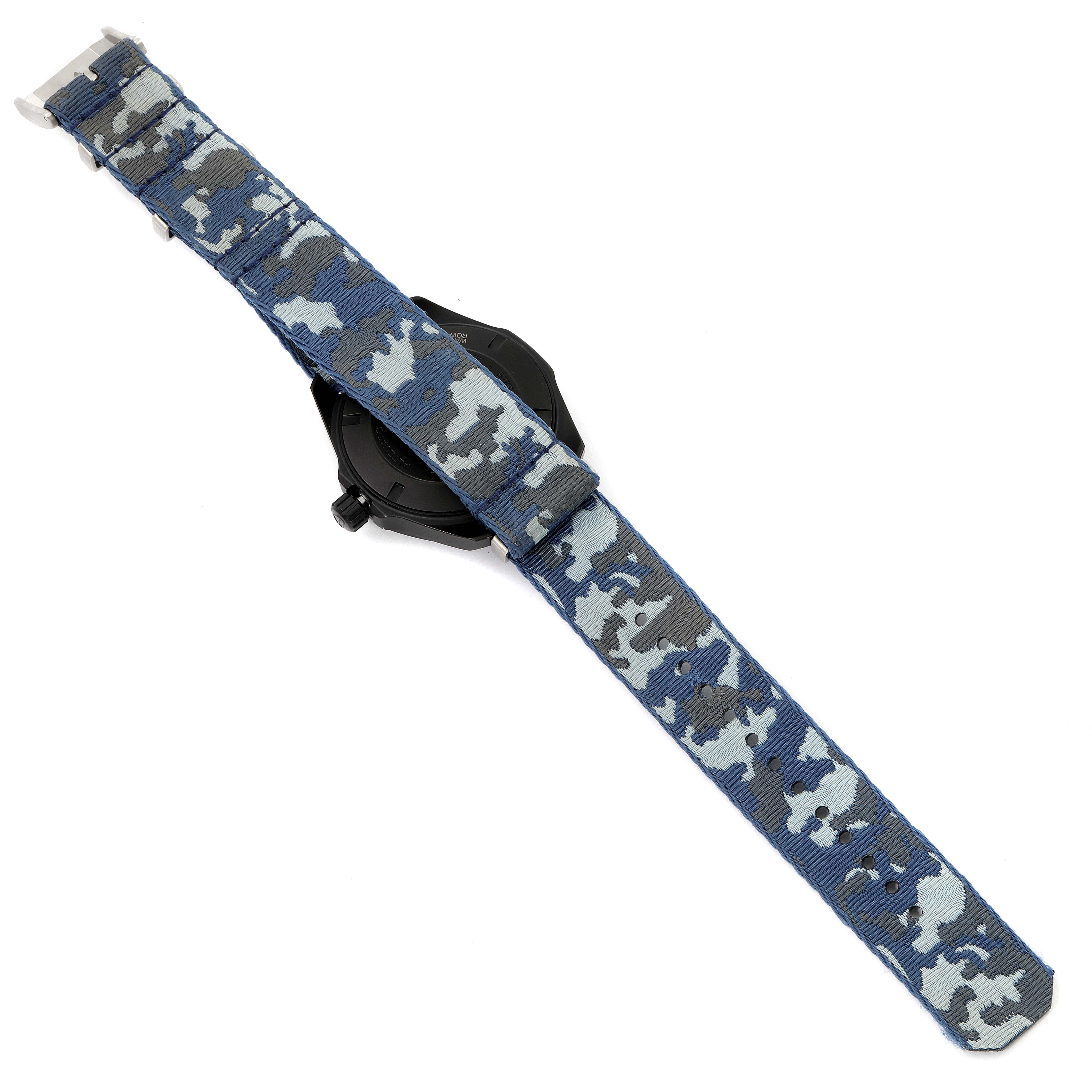 The image shows the back view of a Tag Heuer Aquaracer WAY208D.FC8221 Men's Titanium Blue Dial WAY208D.FC8221 Men's Titanium Blue Dial watch with a blue camo strap.