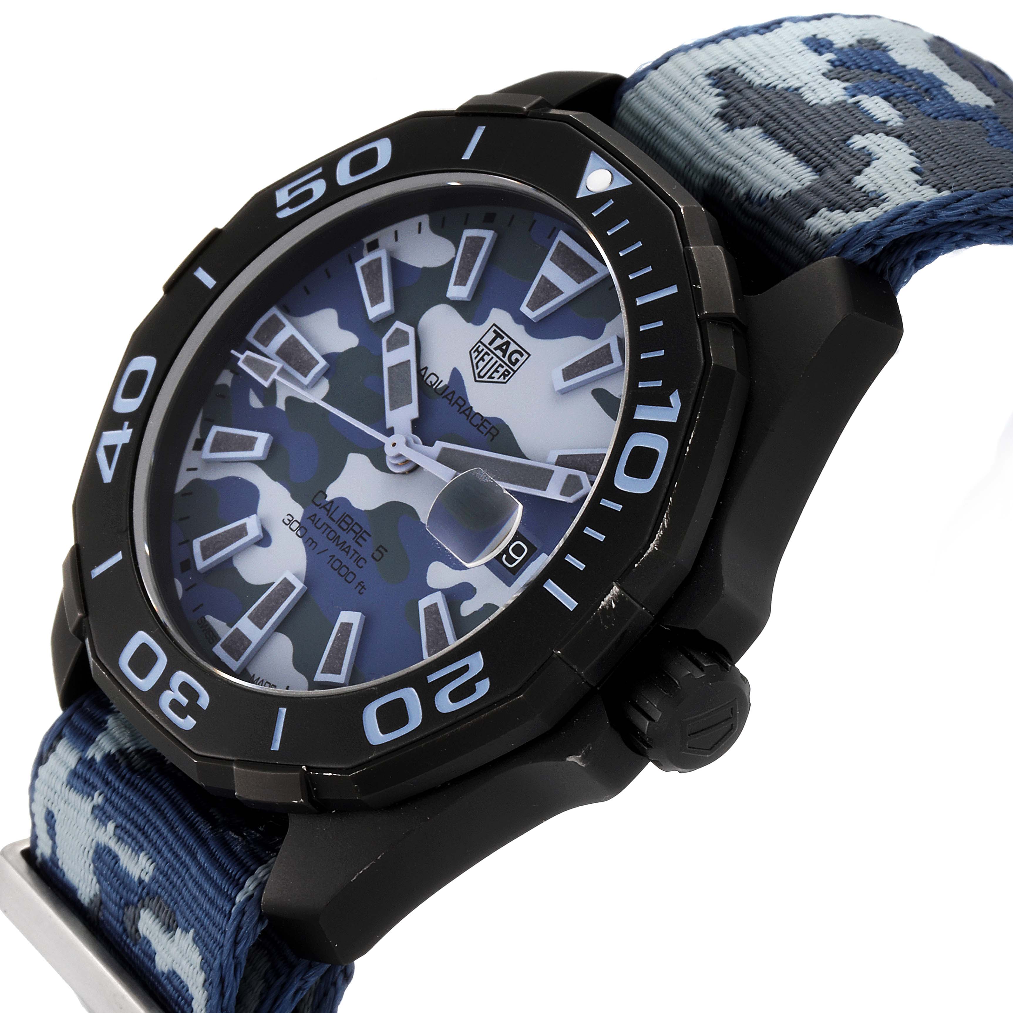 The image shows a Tag Heuer Aquaracer WAY208D.FC8221 Men's Titanium Blue Dial WAY208D.FC8221 Men's Titanium Blue Dial watch angled from the front-right, displaying the dial, bezel, crown, and part of the strap.