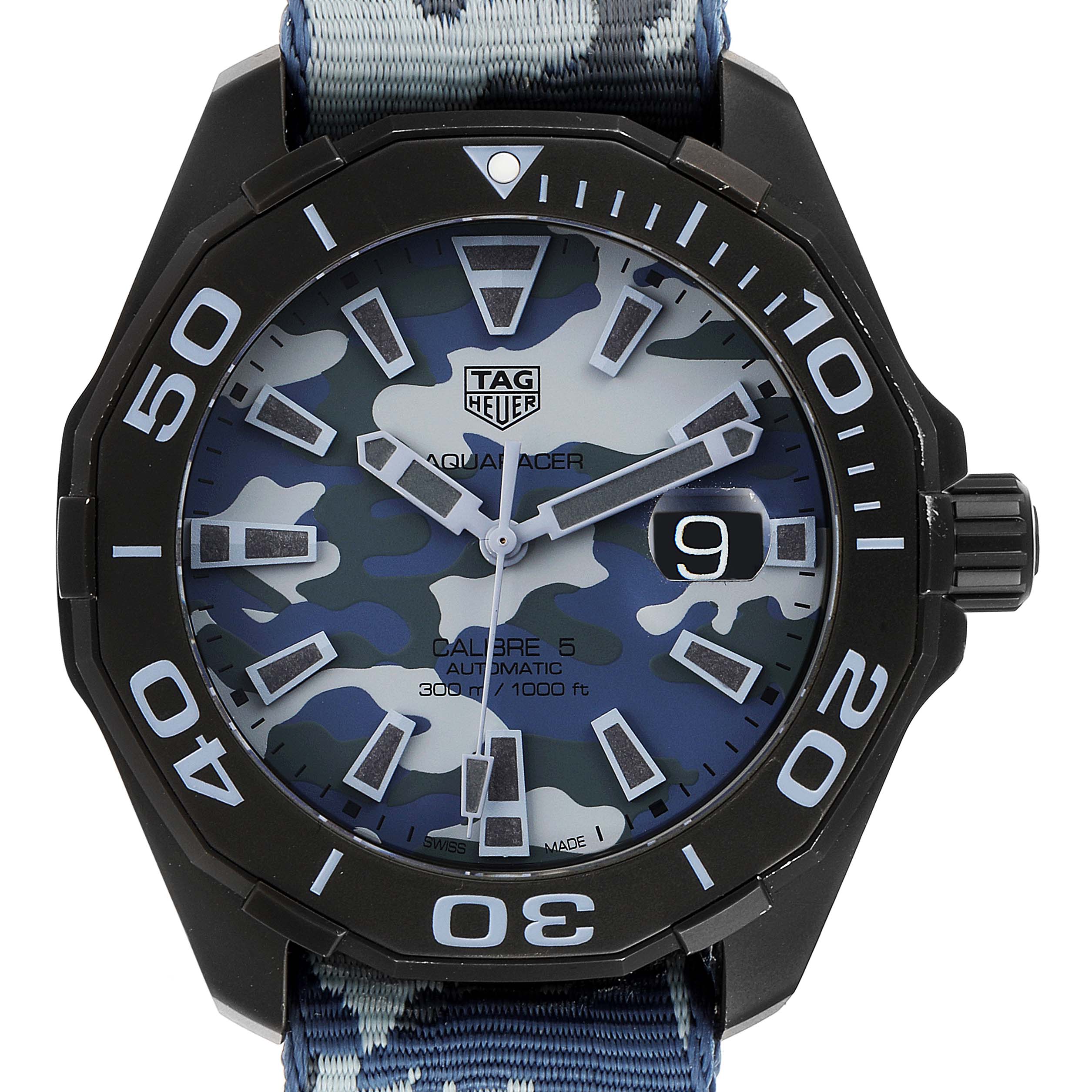 This image shows a frontal view of the Tag Heuer Aquaracer WAY208D.FC8221 Men's Titanium Blue Dial WAY208D.FC8221 Men's Titanium Blue Dial watch, highlighting its face, bezel, and camo-patterned strap.