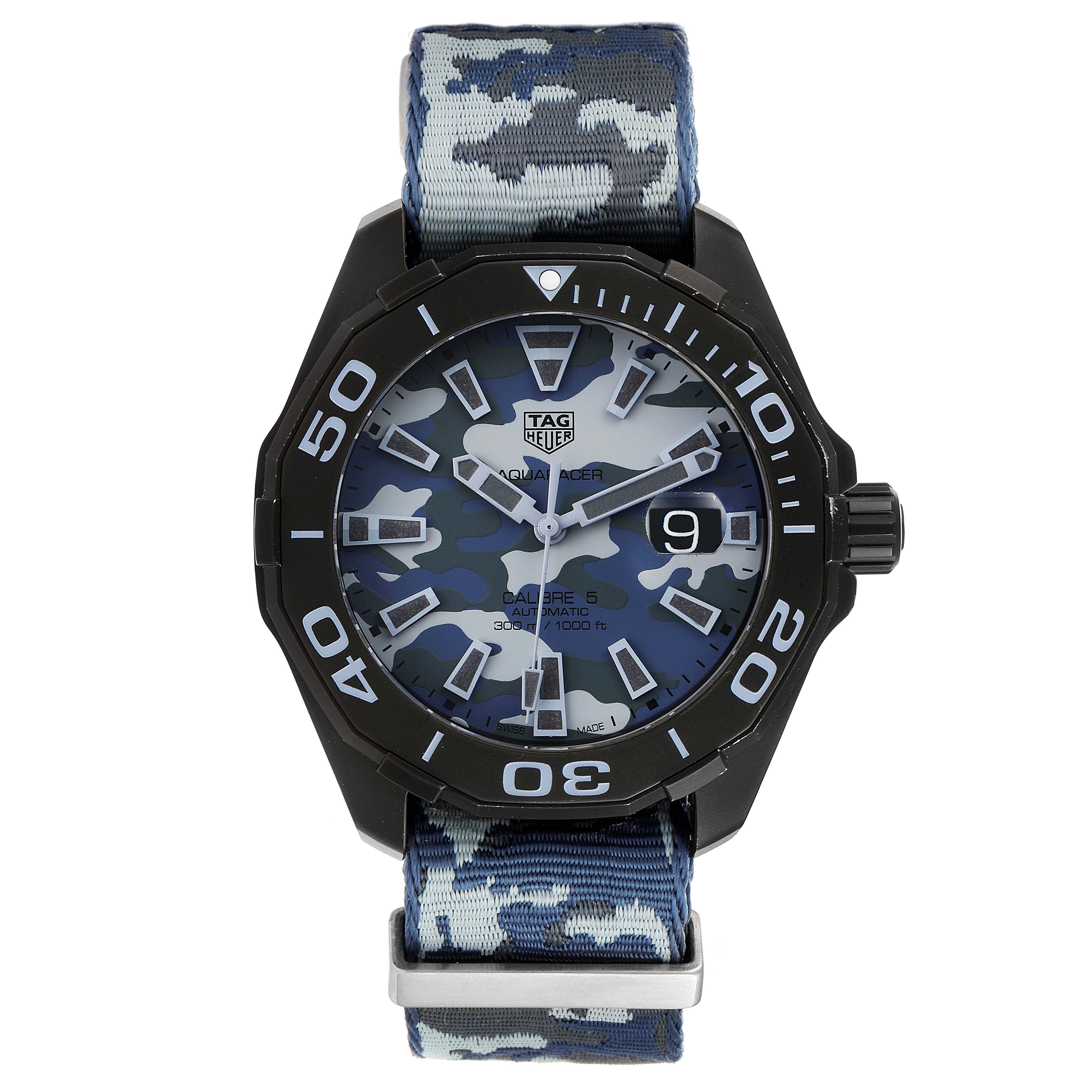 The image shows a frontal view of the Tag Heuer Aquaracer WAY208D.FC8221 Men's Titanium Blue Dial WAY208D.FC8221 Men's Titanium Blue Dial watch with a camo strap and camo dial.