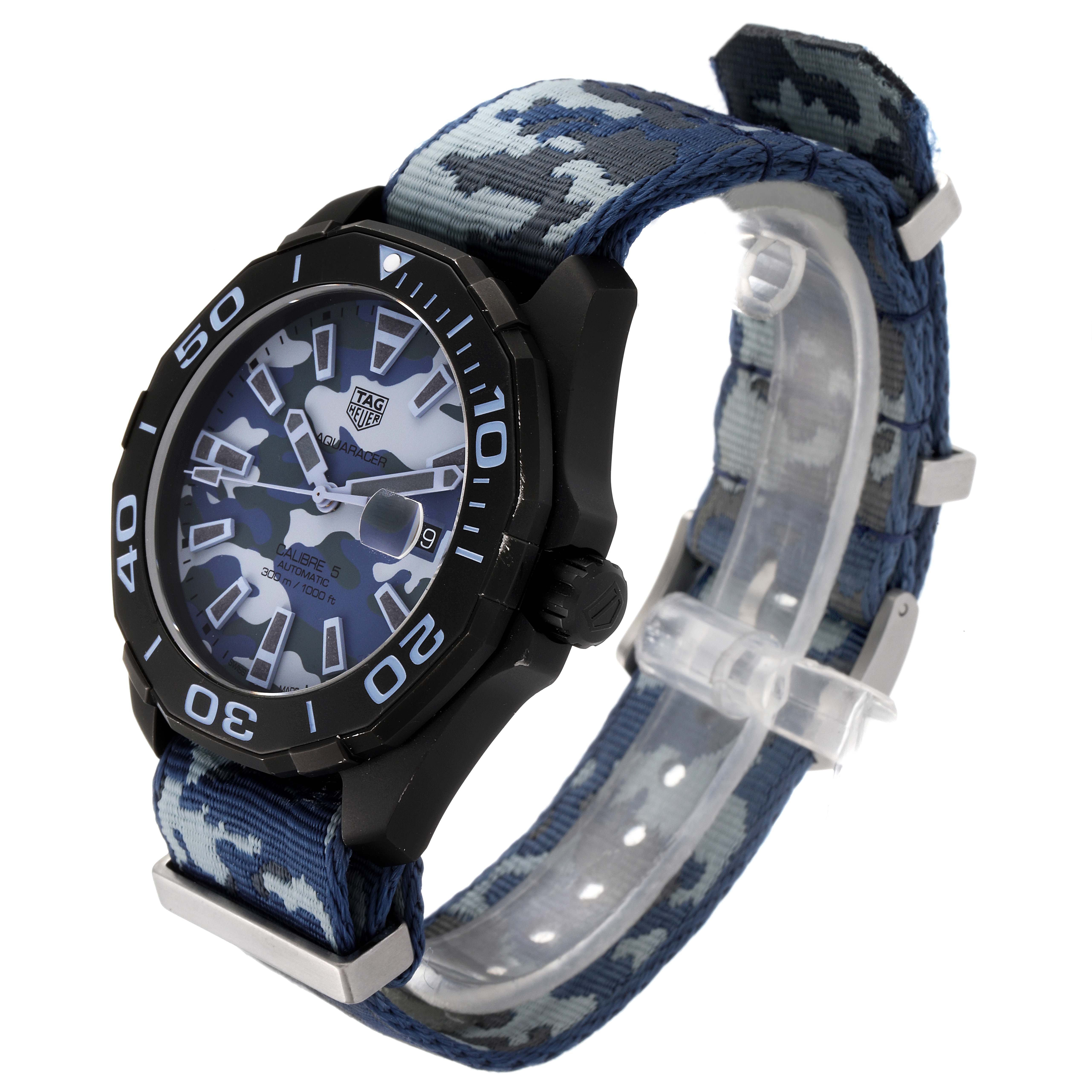 The Tag Heuer Aquaracer WAY208D.FC8221 Men's Titanium Blue Dial WAY208D.FC8221 Men's Titanium Blue Dial watch in this image is shown at a three-quarter angle, highlighting the face and camo-patterned strap.