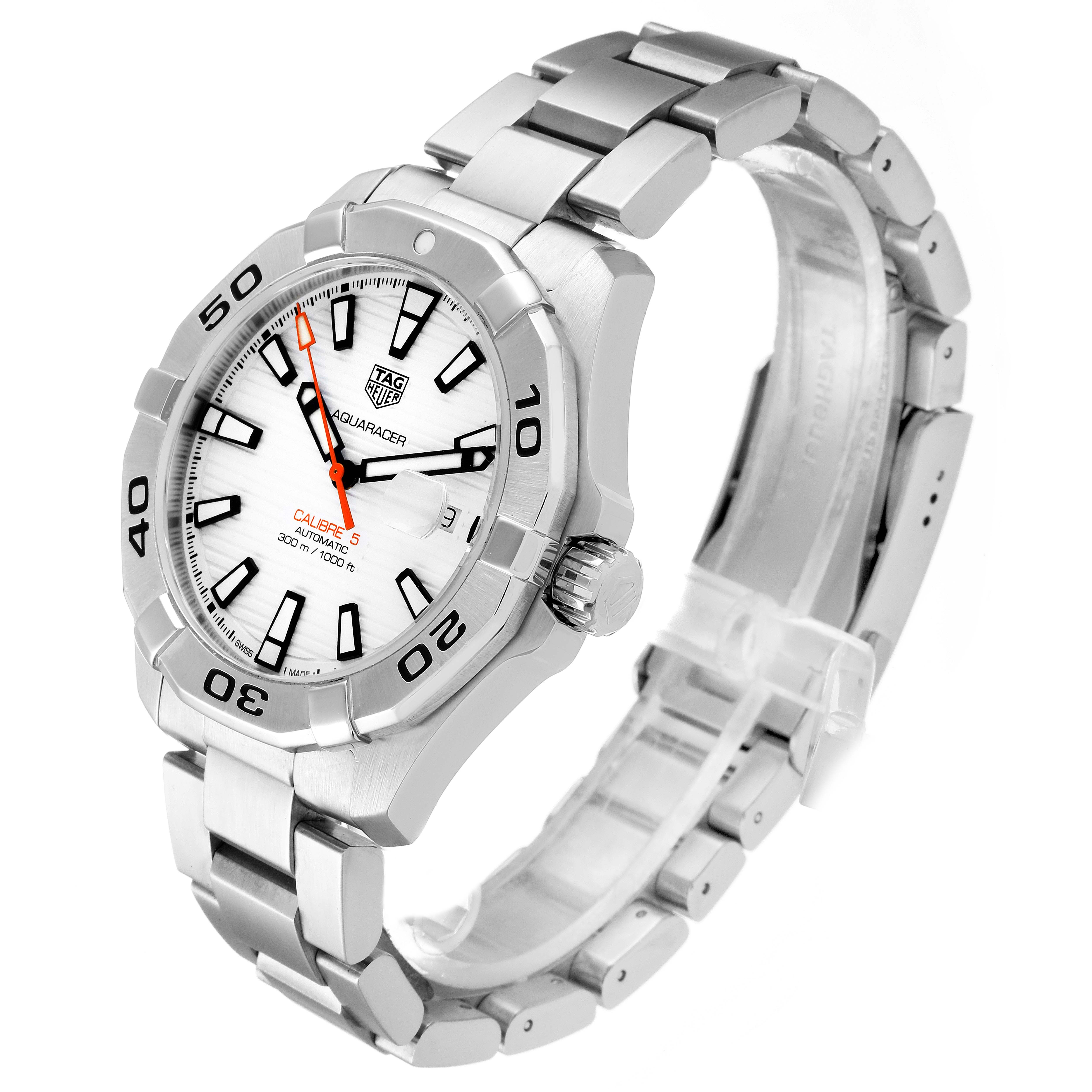 The image shows a side and angled view of a Tag Heuer Aquaracer WAY2013.BA0927 Men's Stainless Steel White Dial WAY2013.BA0927 Men's Stainless Steel White Dial watch, highlighting the face, bezel, crown, and bracelet.