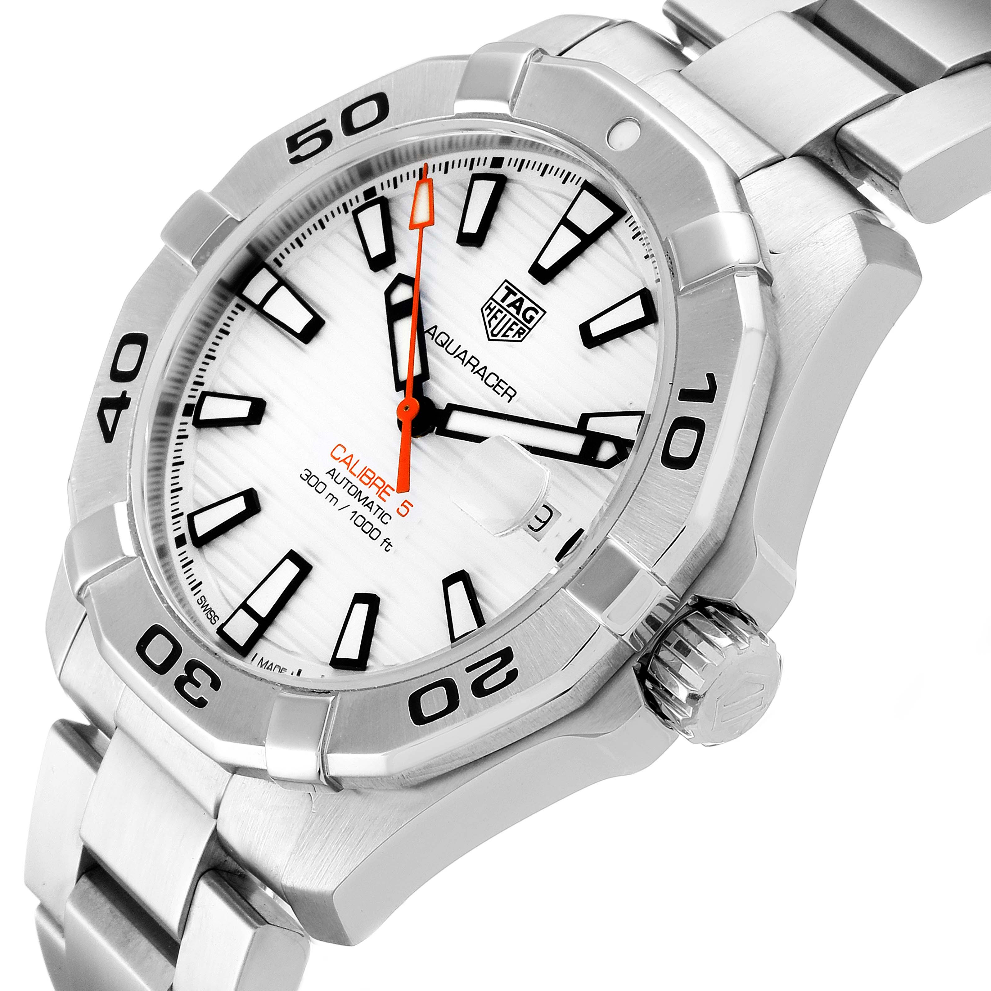 The image shows the face, bezel, and part of the bracelet of a Tag Heuer Aquaracer WAY2013.BA0927 Men's Stainless Steel White Dial WAY2013.BA0927 Men's Stainless Steel White Dial watch at an angled close-up.