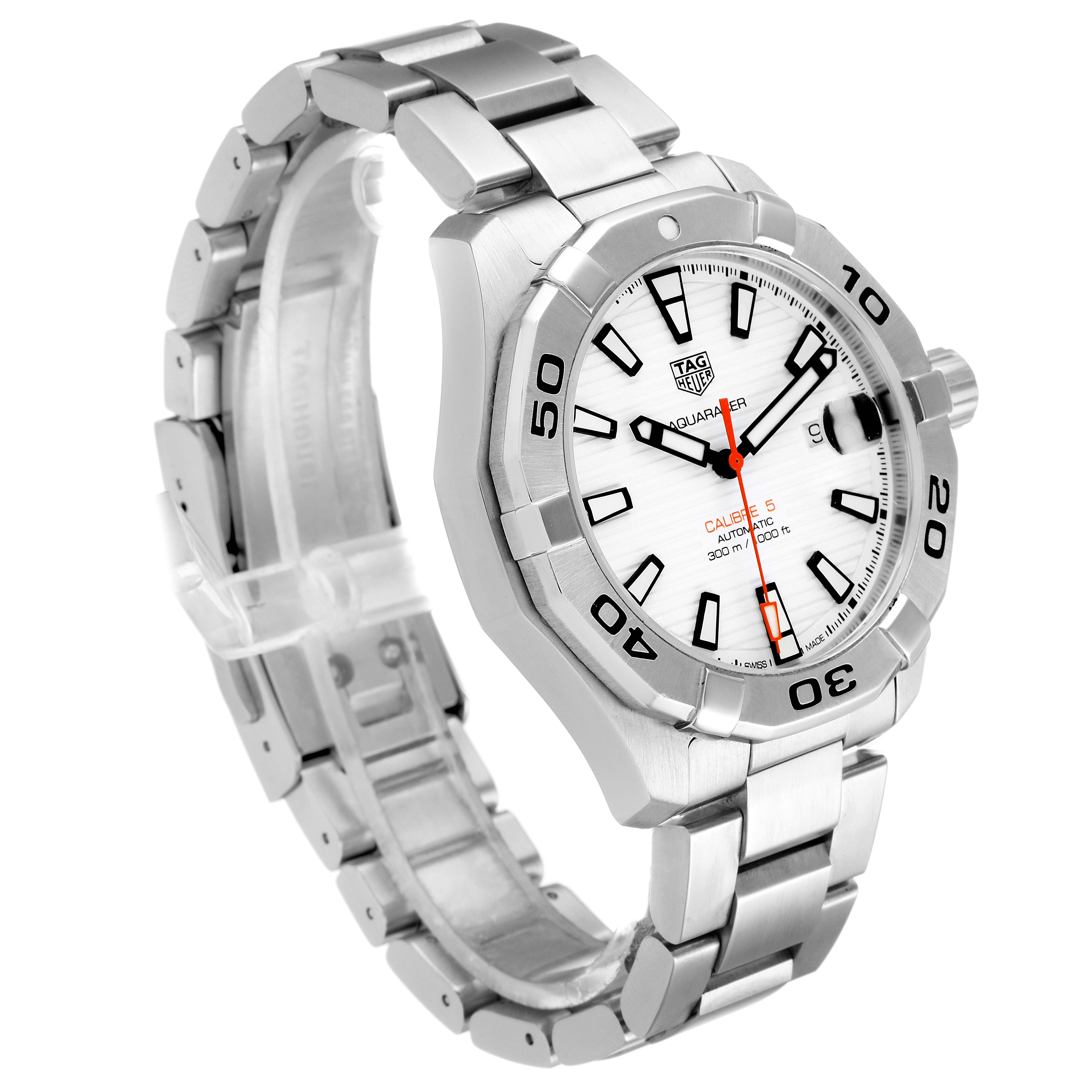 This image shows the Tag Heuer Aquaracer WAY2013.BA0927 Men's Stainless Steel White Dial WAY2013.BA0927 Men's Stainless Steel White Dial watch at a three-quarter angle, highlighting the face, bezel, bracelet, and crown.