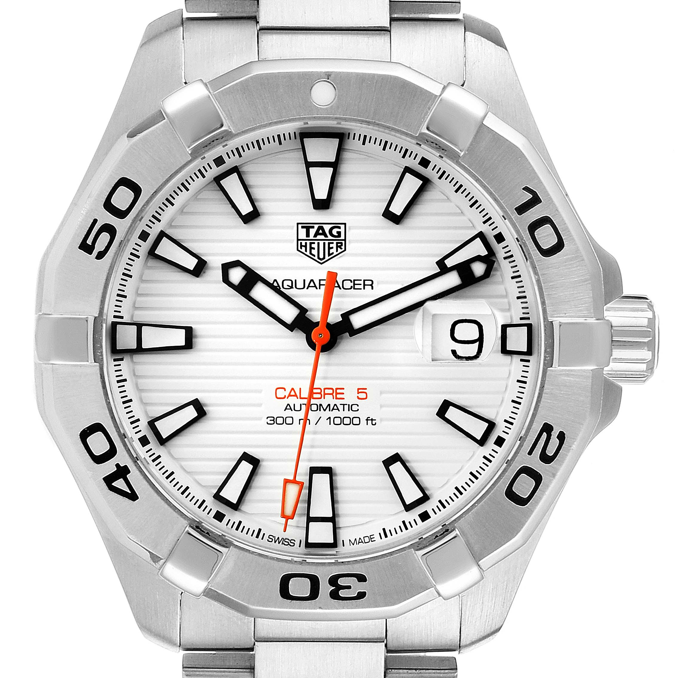 The image shows a front view of the Tag Heuer Aquaracer WAY2013.BA0927 Men's Stainless Steel White Dial WAY2013.BA0927 Men's Stainless Steel White Dial watch, highlighting the dial, bezel, crown, and part of the bracelet.