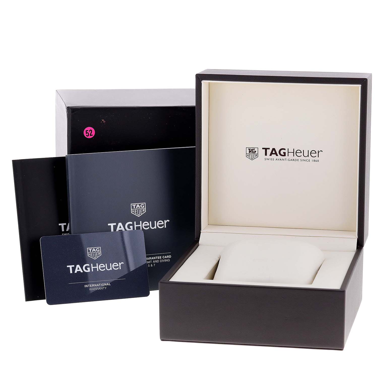 The image shows the packaging and accessories of a Tag Heuer Aquaracer WAY2013.BA0927 Men's Stainless Steel White Dial WAY2013.BA0927 Men's Stainless Steel White Dial watch, including the box, warranty card, and manuals.