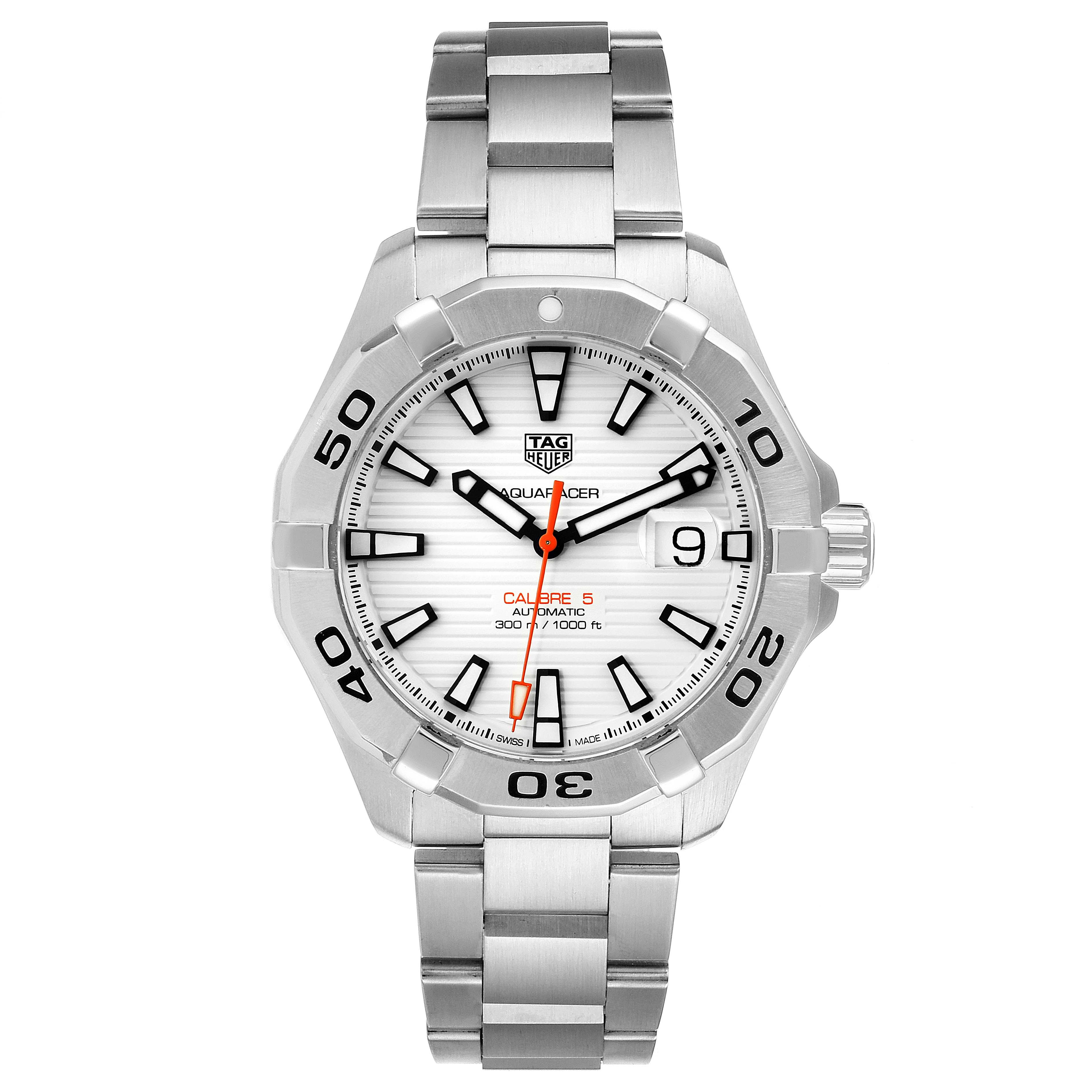The image shows a front view of the Tag Heuer Aquaracer WAY2013.BA0927 Men's Stainless Steel White Dial WAY2013.BA0927 Men's Stainless Steel White Dial watch displaying the bezel, dial, hands, bracelet, and crown.