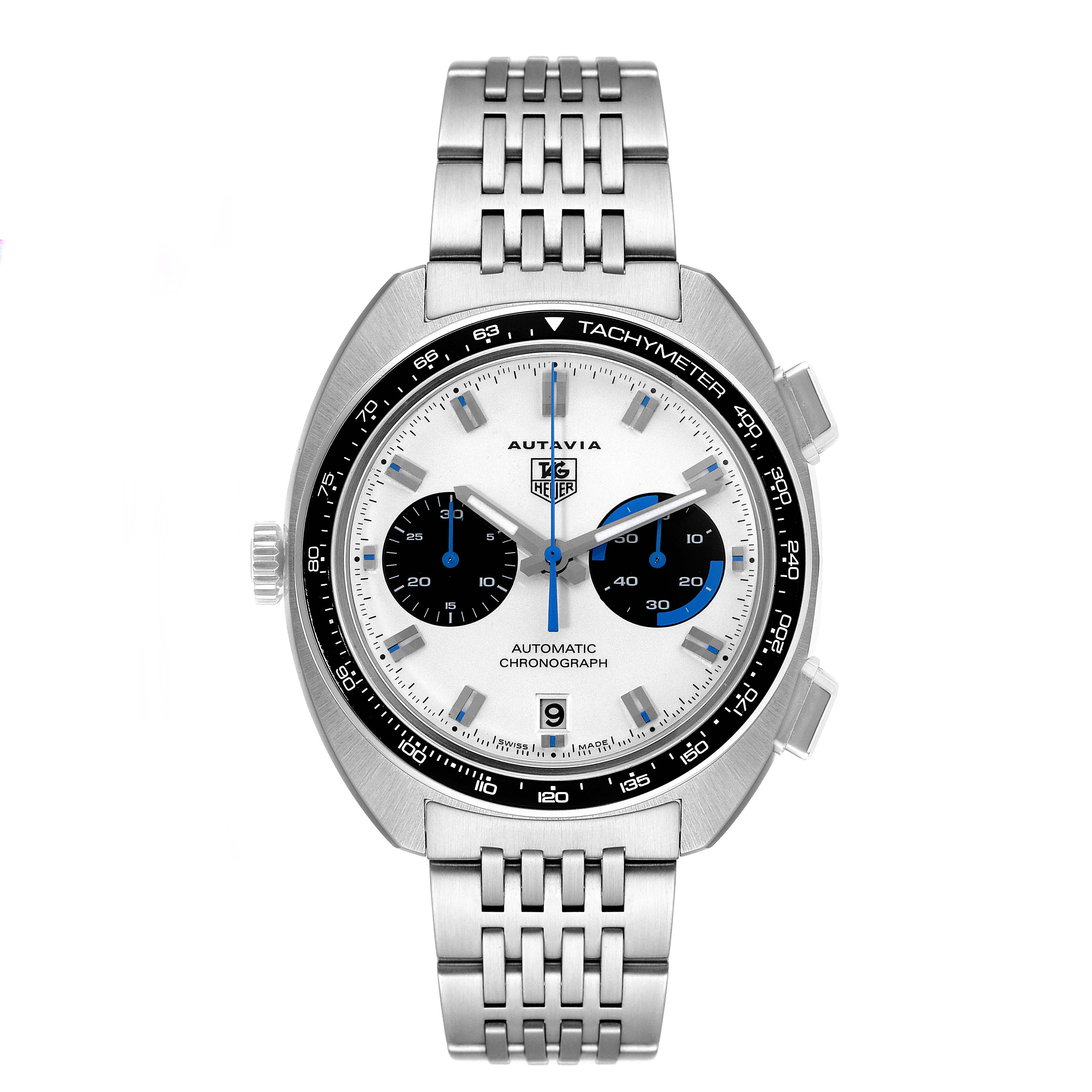 The image shows a front view of a Tag Heuer Autavia CY2110 Men's Stainless Steel White Dial CY2110 Men's Stainless Steel White Dial watch, displaying its face, bezel, and bracelet.
