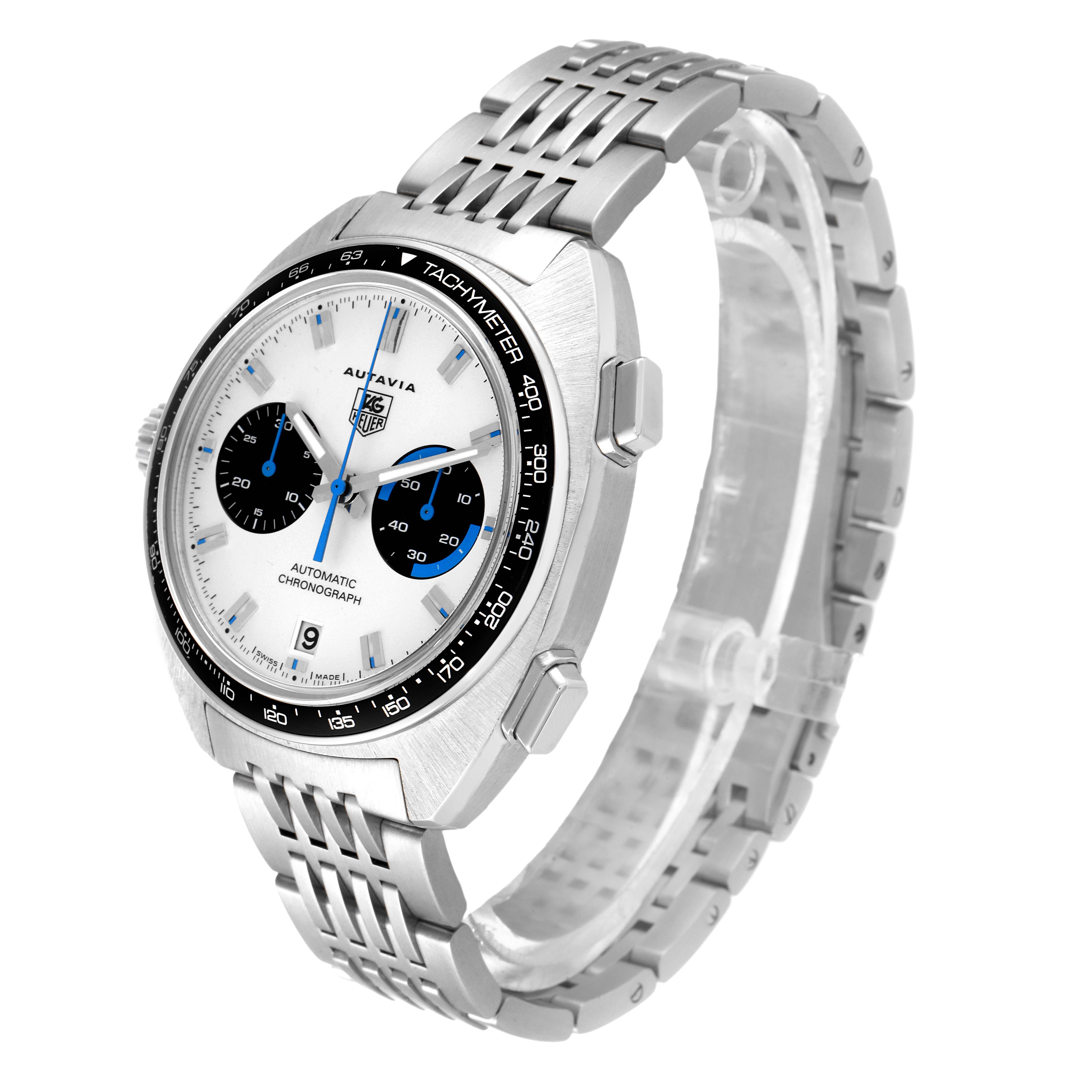 The image shows a Tag Heuer Autavia CY2110 Men's Stainless Steel White Dial CY2110 Men's Stainless Steel White Dial watch from a side angle, displaying its face, bezel, and metal bracelet.
