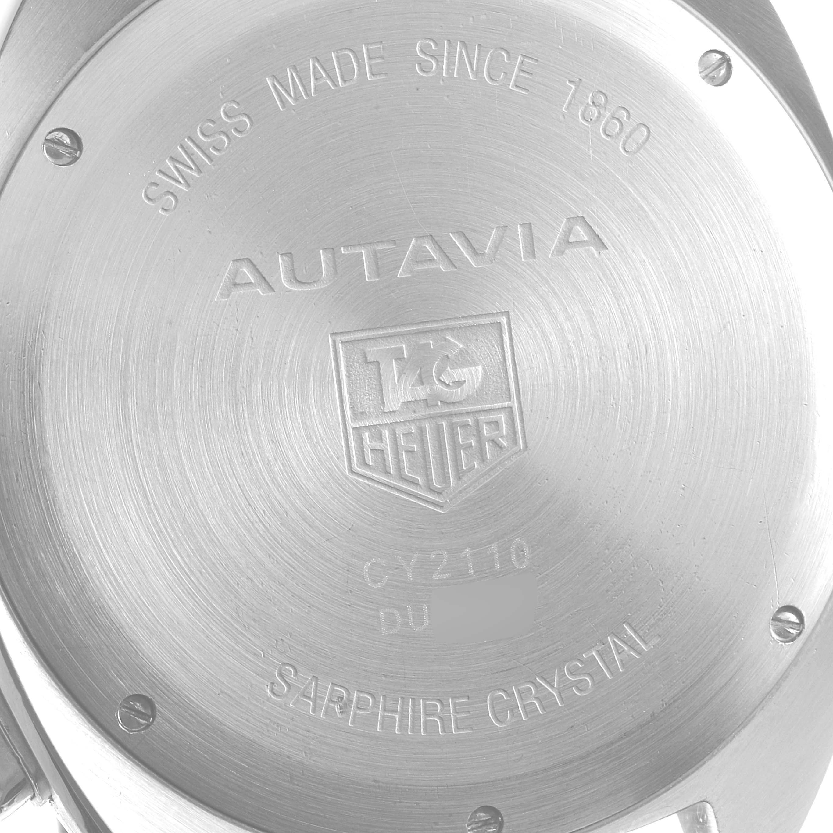 This image shows the back case of the Autavia model by Tag Heuer, highlighting the engravings and brand logo.