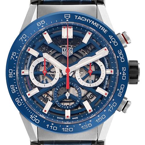 The Tag Heuer Carrera CBG2011 Men's Stainless Steel Blue Dial watch is shown from a front angle, highlighting its blue tachymetre bezel and multi-dial face.