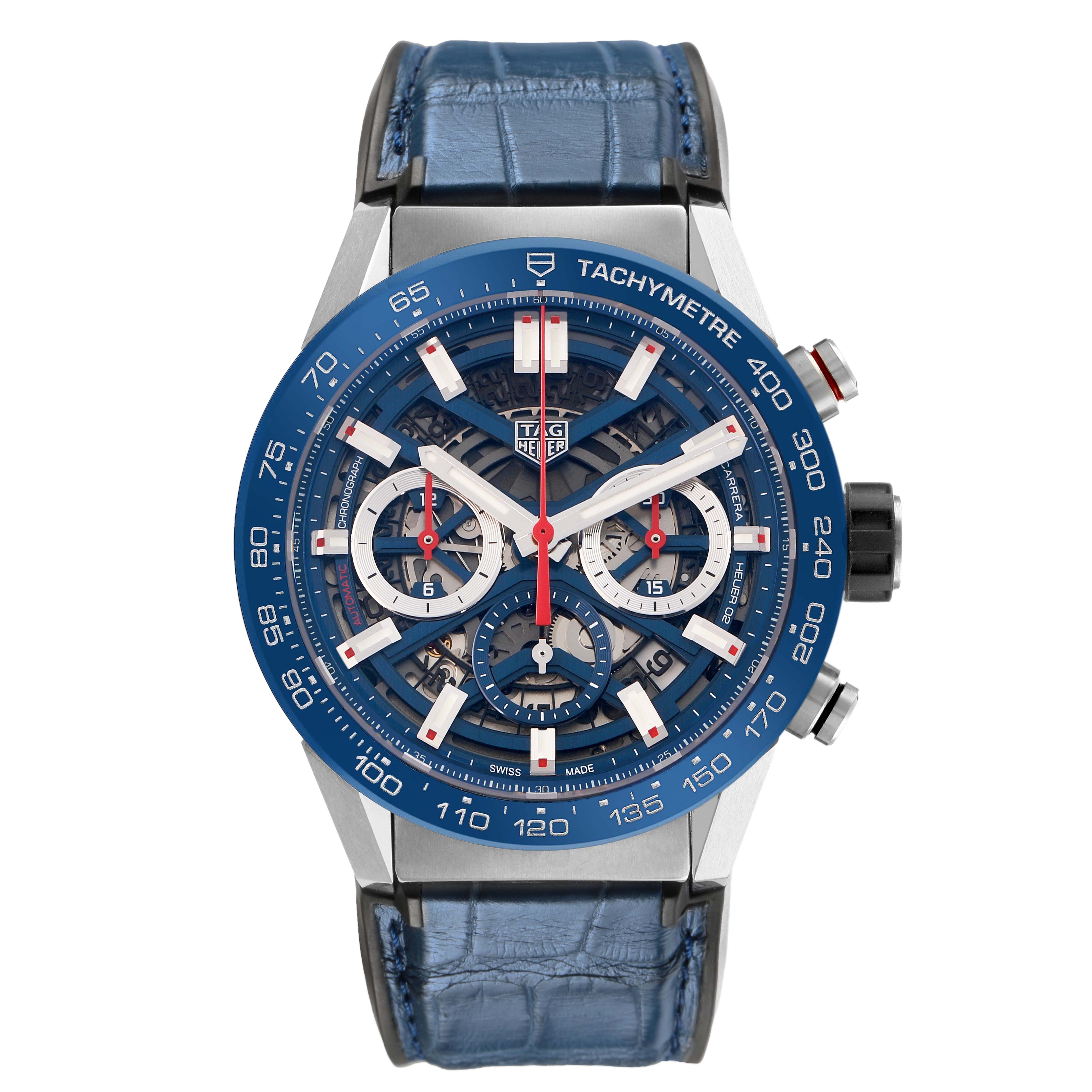 The Tag Heuer Carrera CBG2011 Men's Stainless Steel Blue Dial watch is shown from the front, highlighting its blue tachymeter bezel and skeleton dial.