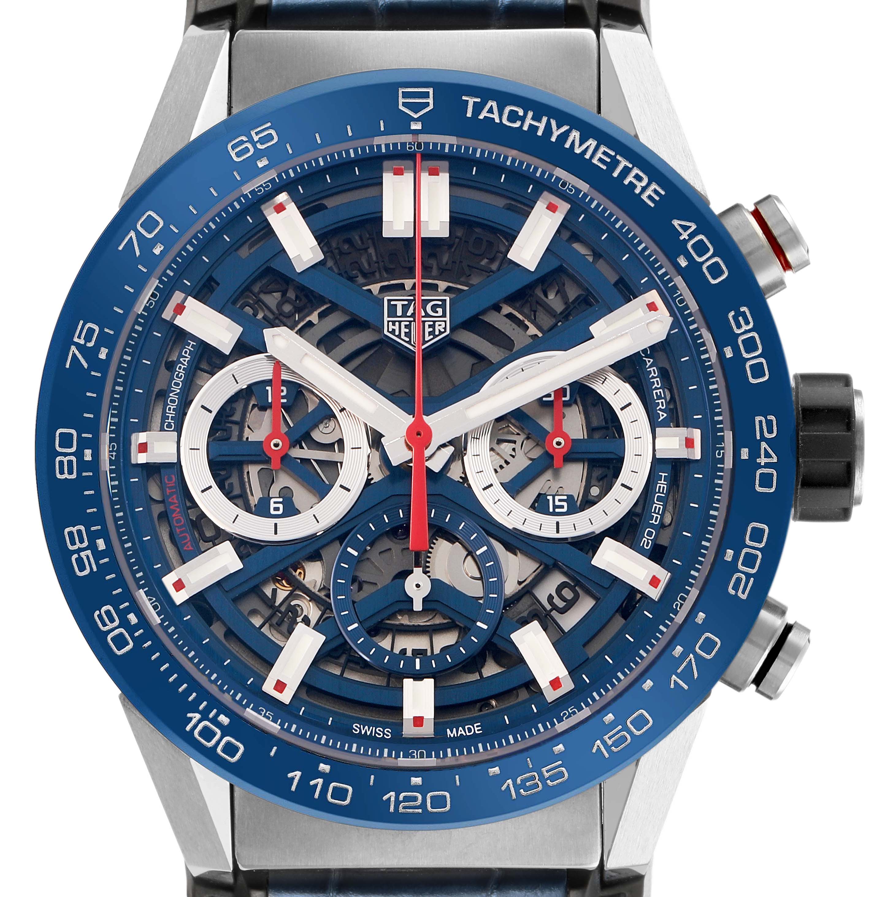 The Tag Heuer Carrera CBG2011 Men's Stainless Steel Blue Dial watch is shown from the front, displaying its face, bezel, sub-dials, and chronograph features.