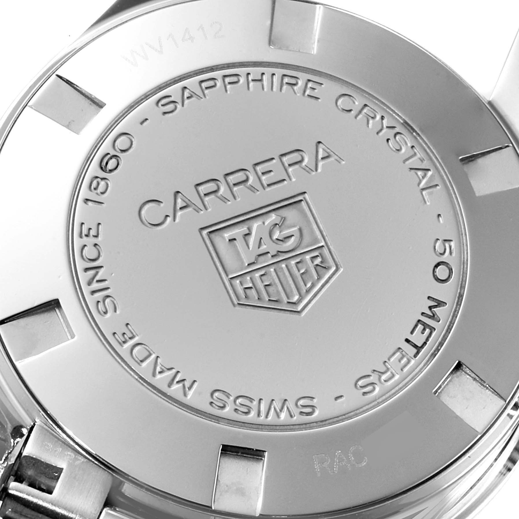 The image shows the back case of a Tag Heuer Carrera WV2412.BA0793 Women
s Stainless Steel Black Dial WV2412.BA0793 Women
s Stainless Steel Black Dial watch, showcasing its engravings and brand details.