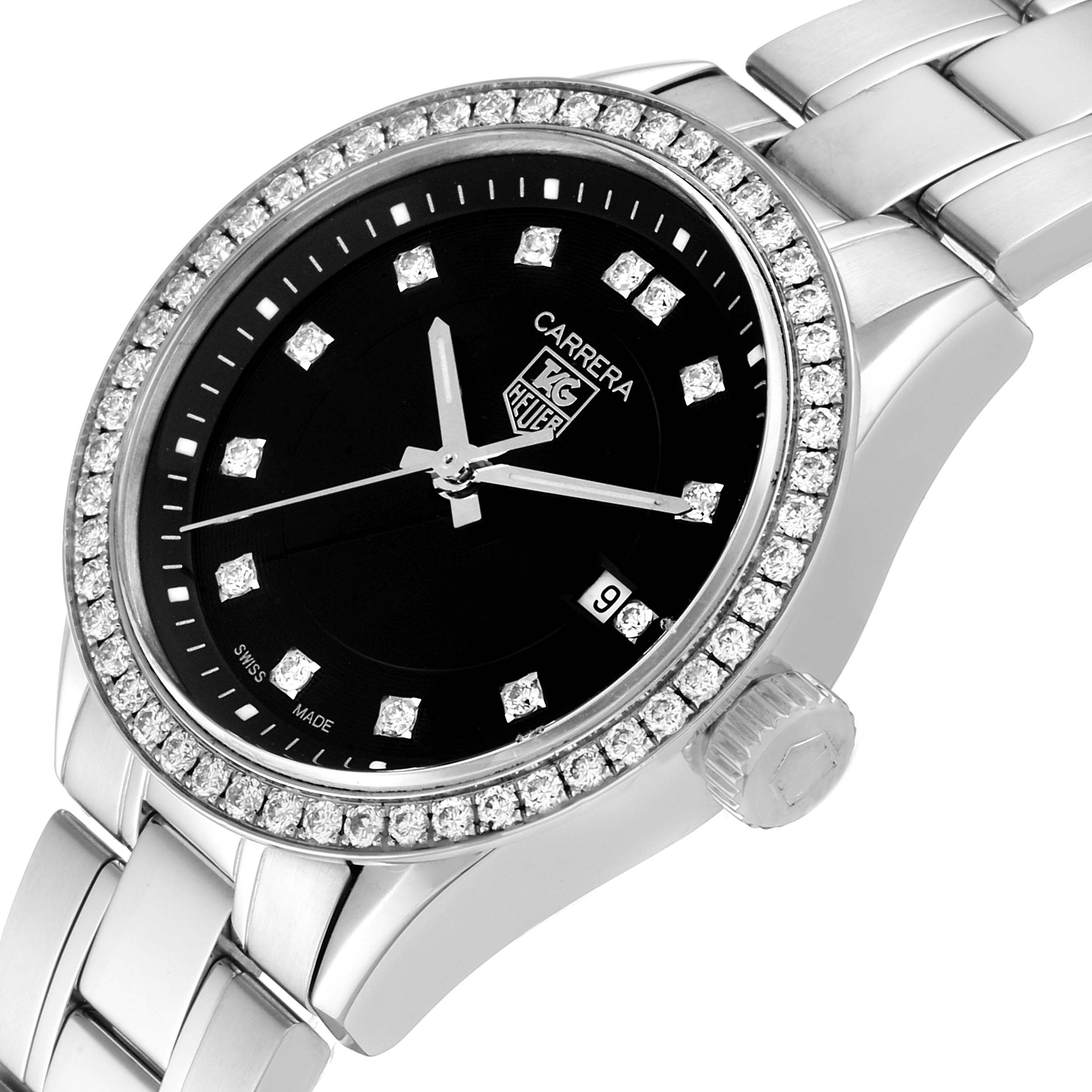 The image shows a close-up angled view of a Tag Heuer Carrera WV2412.BA0793 Women
s Stainless Steel Black Dial WV2412.BA0793 Women
s Stainless Steel Black Dial watch face and partial bracelet.