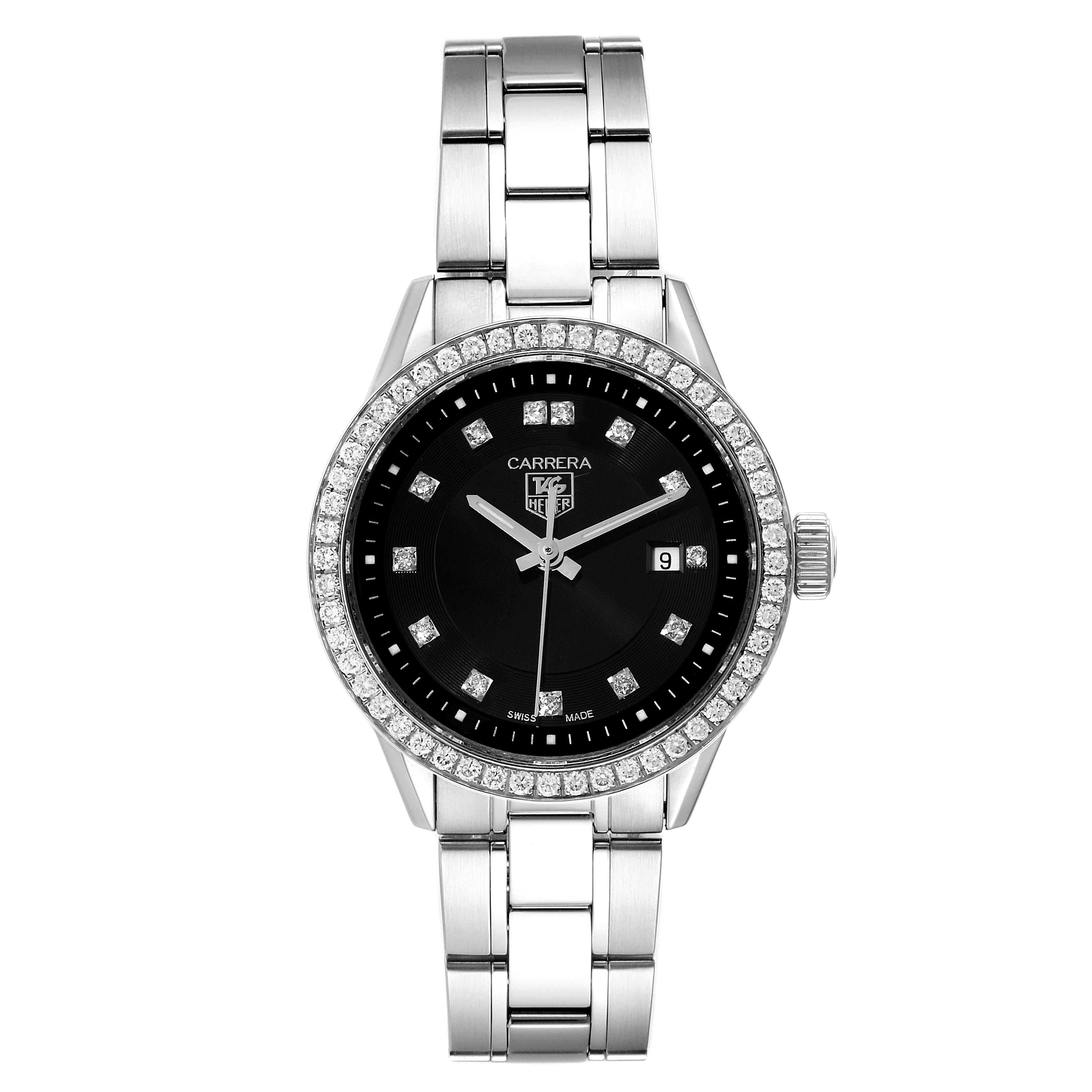 This image shows a front view of the Tag Heuer Carrera WV2412.BA0793 Women
s Stainless Steel Black Dial WV2412.BA0793 Women
s Stainless Steel Black Dial watch, featuring a metal band, a black dial, and a diamond-studded bezel.