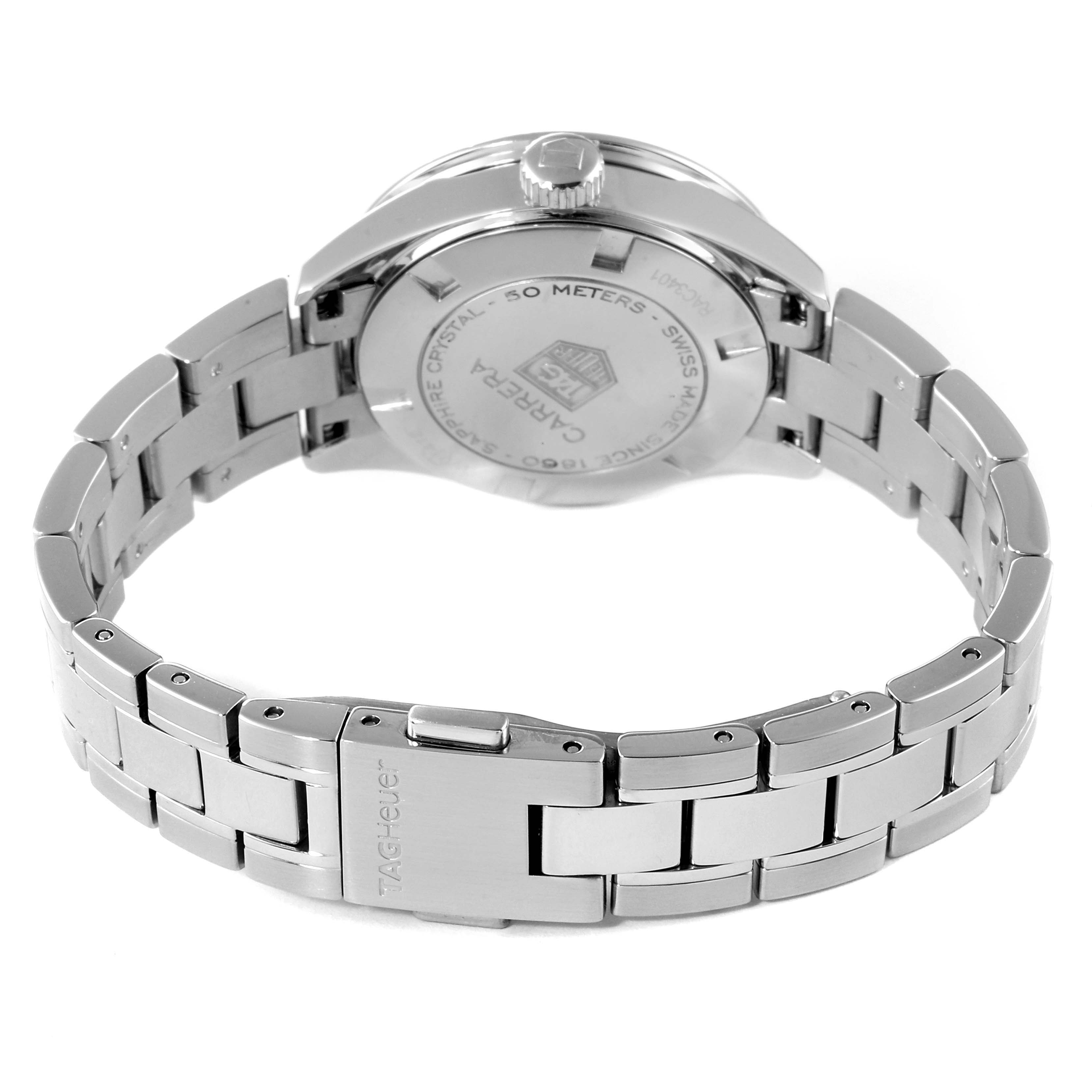 The image shows the back view of a Tag Heuer Carrera WV2412.BA0793 Women
s Stainless Steel Black Dial WV2412.BA0793 Women
s Stainless Steel Black Dial watch, highlighting the case back and metallic bracelet with the clasp.