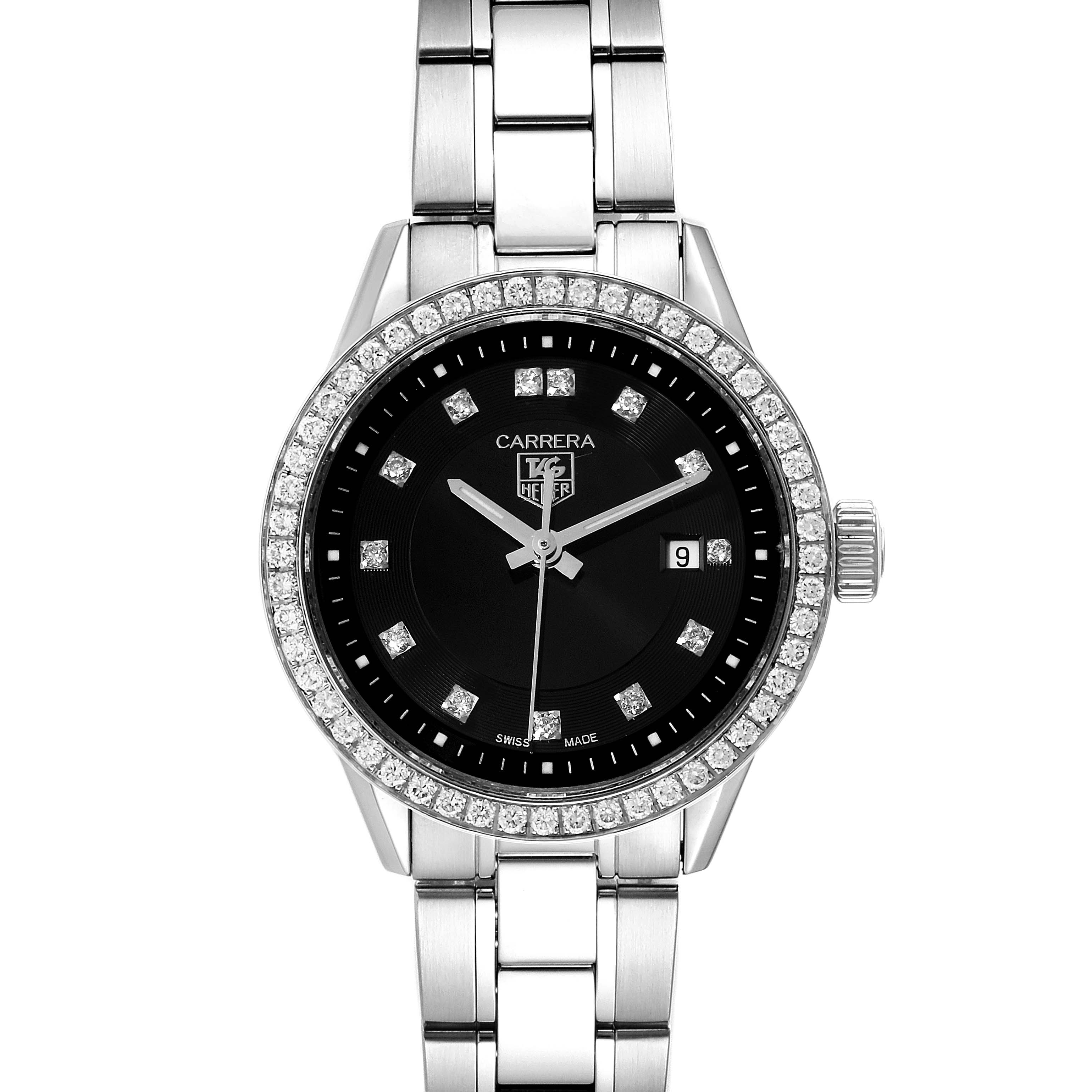 The image shows a straight-on view of a Tag Heuer Carrera WV2412.BA0793 Women
s Stainless Steel Black Dial WV2412.BA0793 Women
s Stainless Steel Black Dial watch, highlighting the black dial, diamond bezel, and metal bracelet.