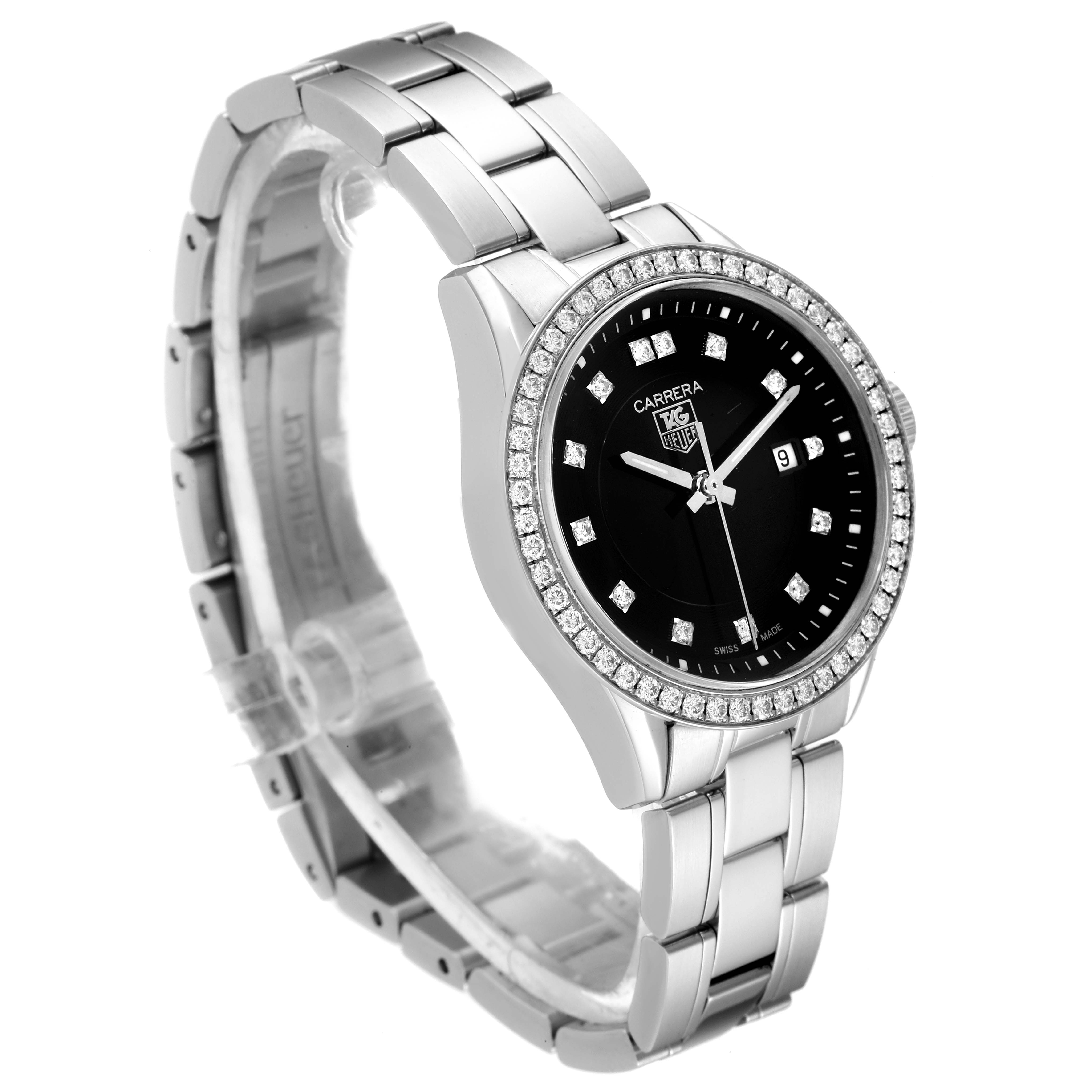 The image shows a Tag Heuer Carrera WV2412.BA0793 Women
s Stainless Steel Black Dial WV2412.BA0793 Women
s Stainless Steel Black Dial watch at a three-quarter angle displaying the face, bezel, and part of the stainless steel bracelet.