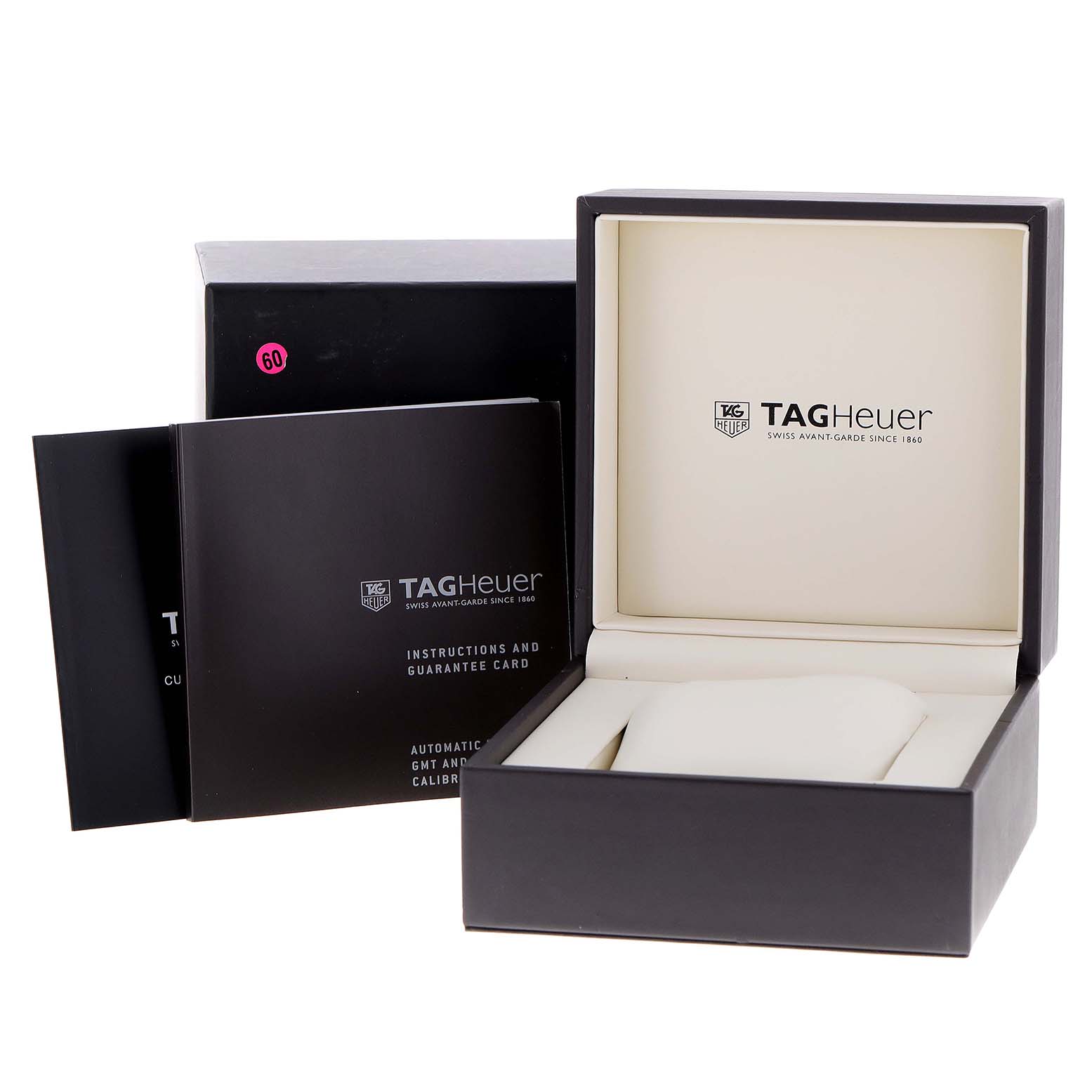 The image shows a Tag Heuer Carrera WAR201E.BA0723 Men's Stainless Steel Blue Dial WAR201E.BA0723 Men's Stainless Steel Blue Dial watch box, an instructions manual, and a guarantee card.