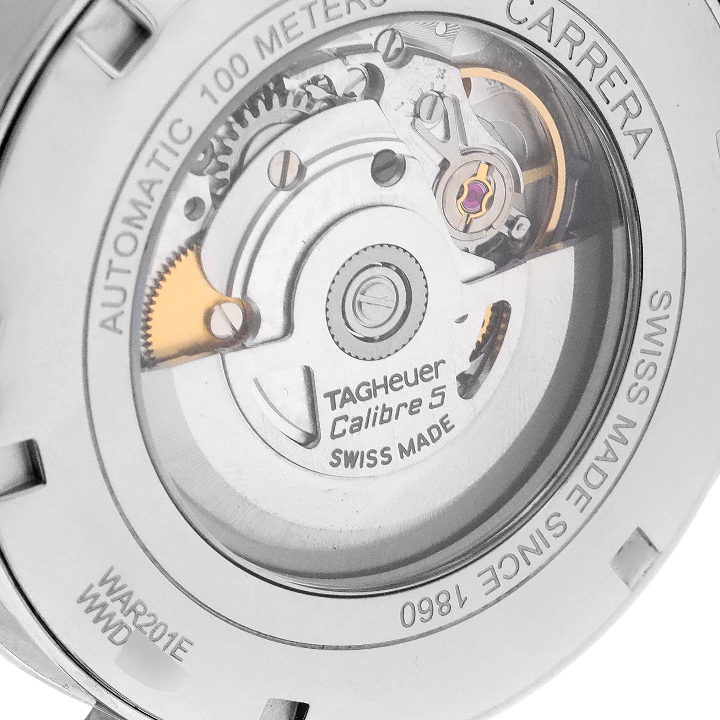 This image shows the back view of a Tag Heuer Carrera WAR201E.BA0723 Men's Stainless Steel Blue Dial WAR201E.BA0723 Men's Stainless Steel Blue Dial watch, detailing its automatic Calibre 5 movement.