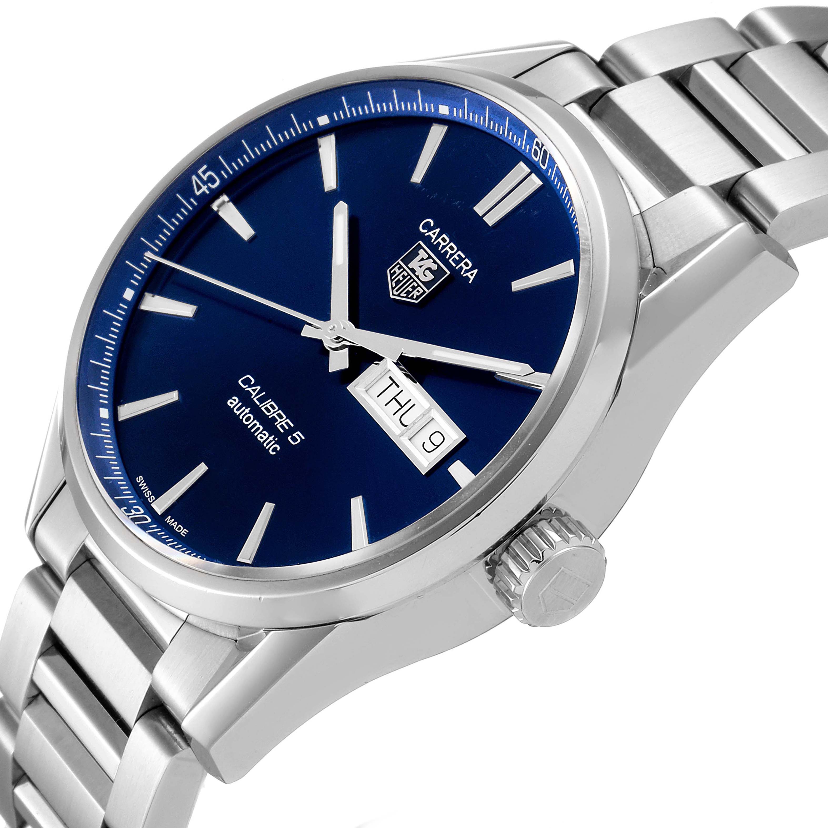 This image shows a side angle of the Tag Heuer Carrera WAR201E.BA0723 Men's Stainless Steel Blue Dial WAR201E.BA0723 Men's Stainless Steel Blue Dial Calibre 5, highlighting the dial, date display, and part of the metal bracelet.
