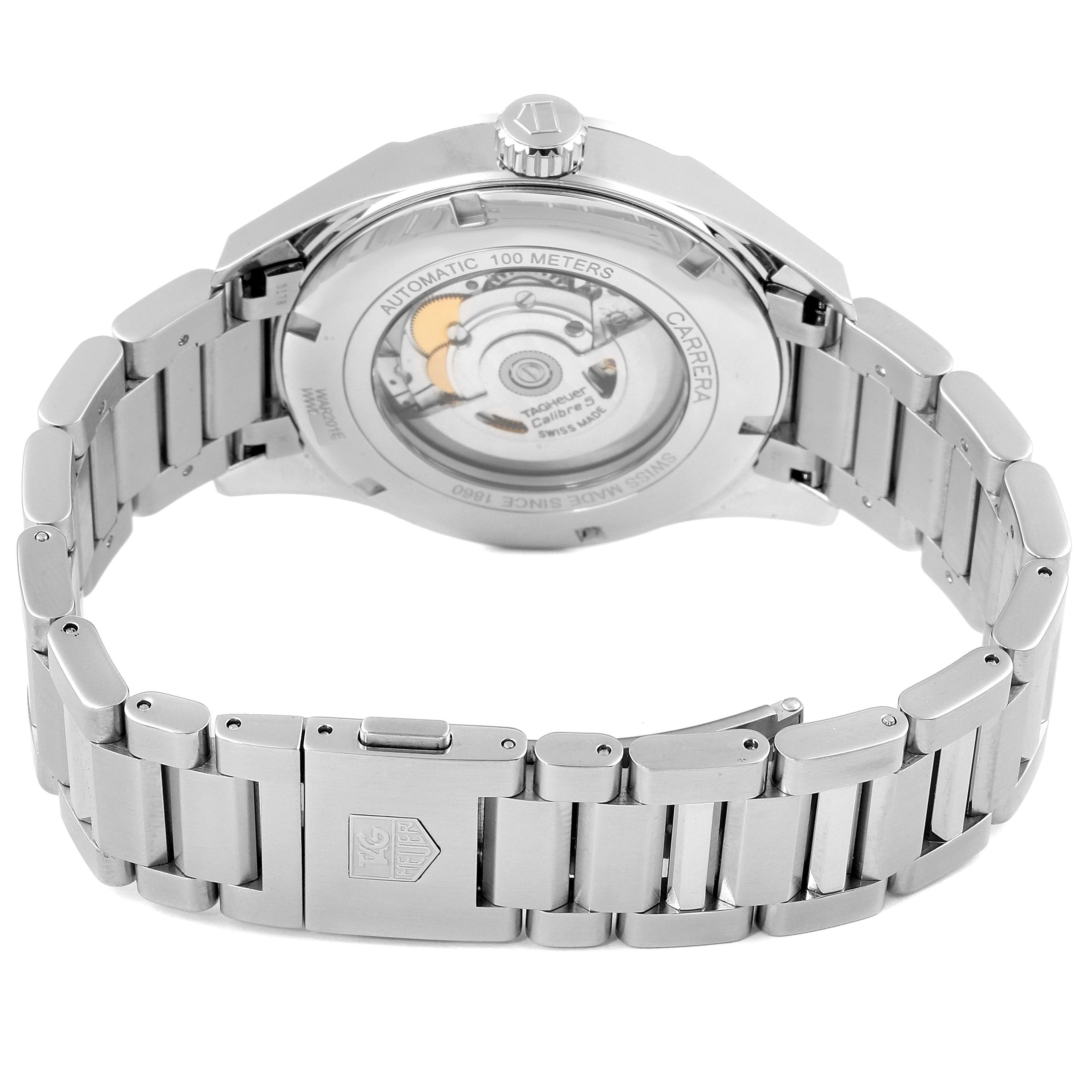 The image shows the back and bracelet of a Tag Heuer Carrera WAR201E.BA0723 Men's Stainless Steel Blue Dial WAR201E.BA0723 Men's Stainless Steel Blue Dial watch, featuring its automatic movement and branding.