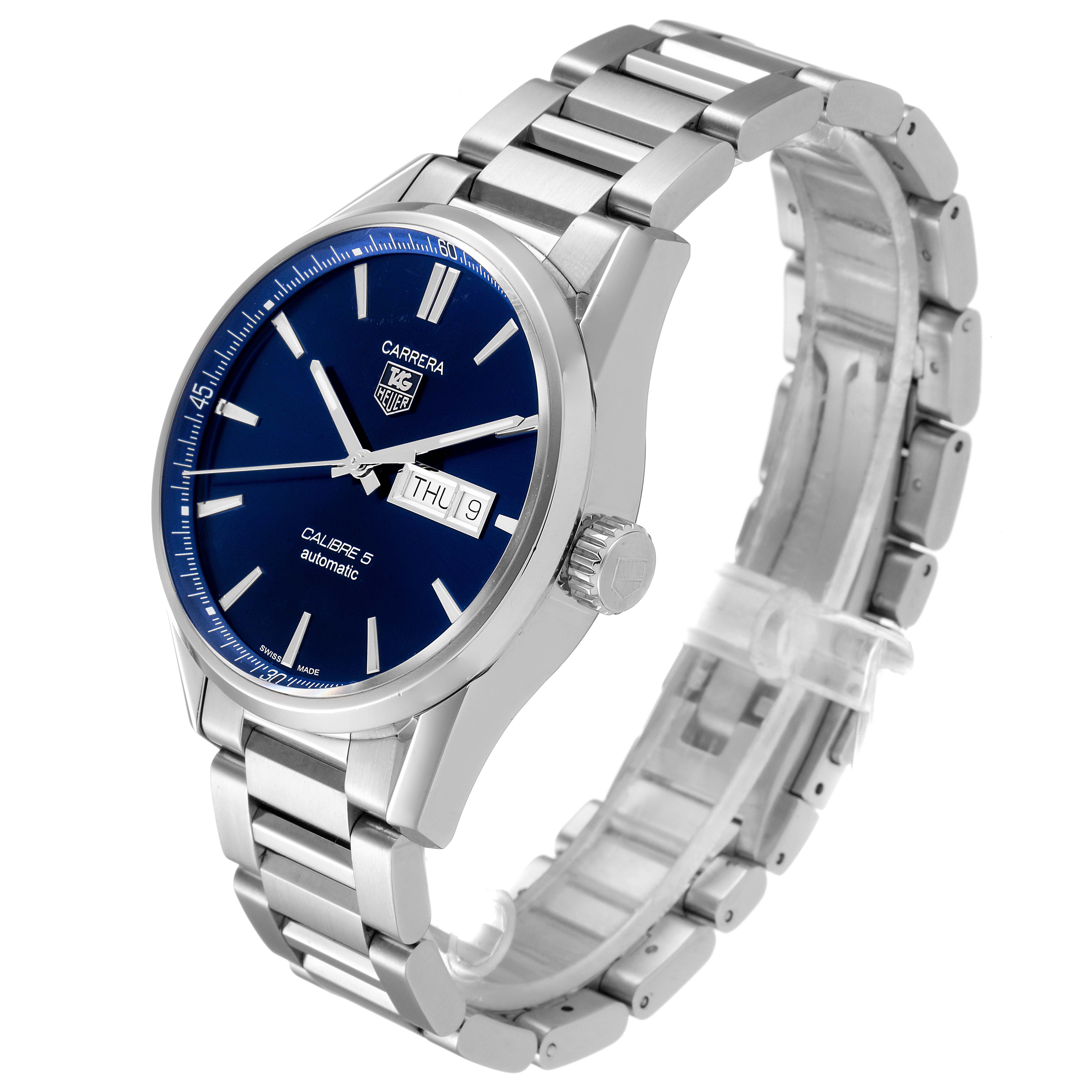 The image shows a Tag Heuer Carrera WAR201E.BA0723 Men's Stainless Steel Blue Dial WAR201E.BA0723 Men's Stainless Steel Blue Dial watch at an angle highlighting its dial, bezel, crown, and stainless steel bracelet.
