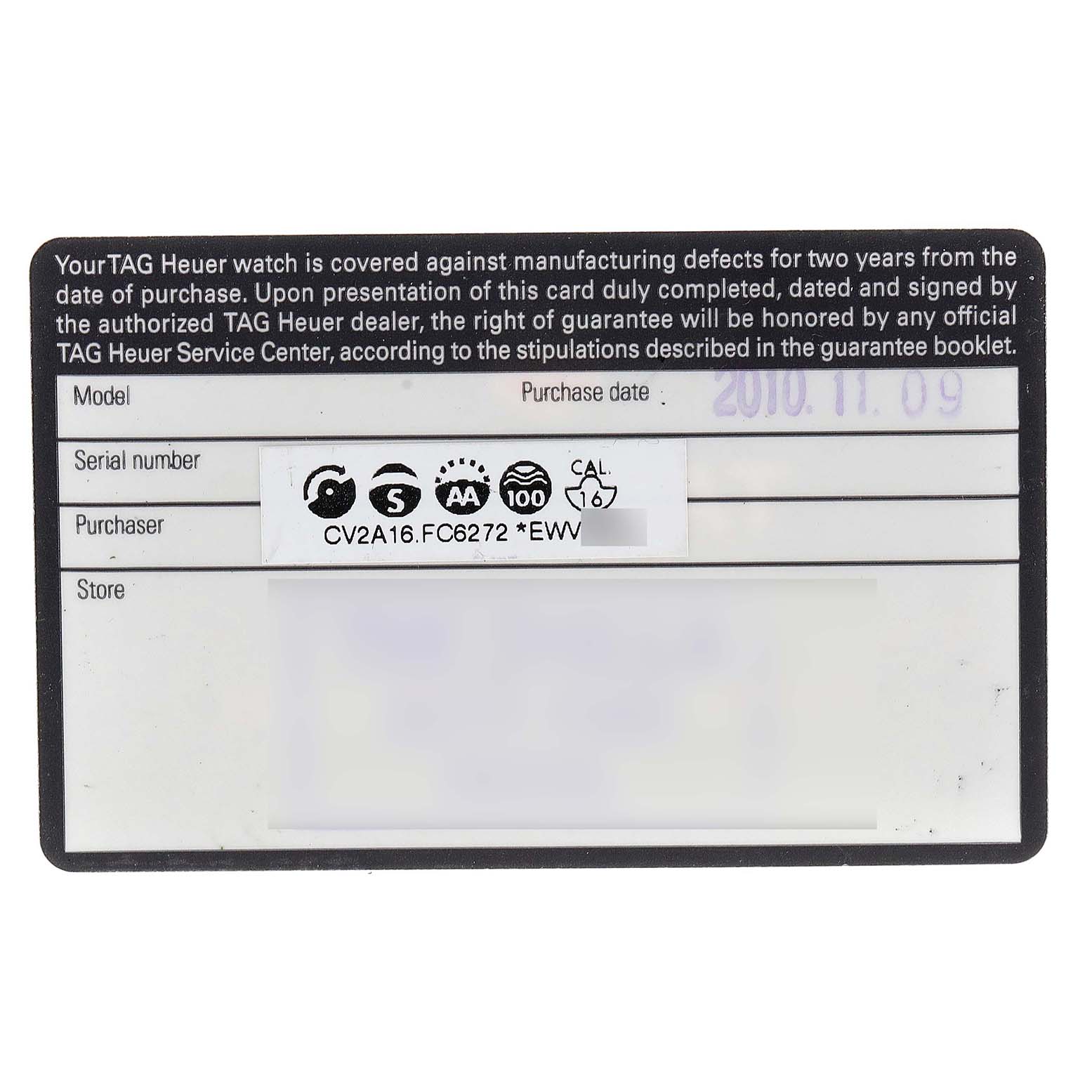 The image shows a warranty card for a Tag Heuer Carrera CV2A1C.FC6272 Men
s Stainless Steel Black Dial CV2A1C.FC6272 Men
s Stainless Steel Black Dial watch, detailing model, serial number, purchase date, and other information.