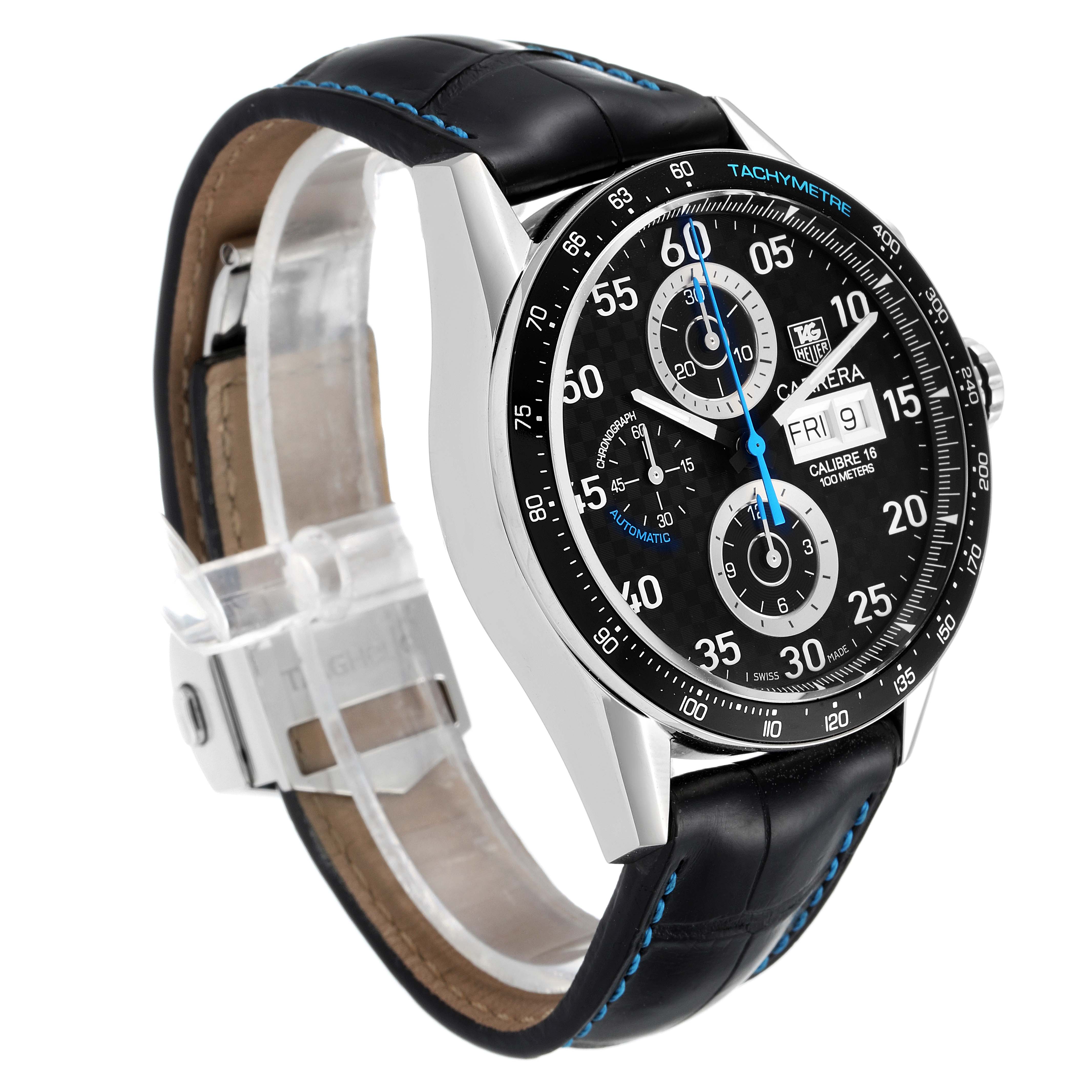 The Tag Heuer Carrera CV2A1C.FC6272 Men
s Stainless Steel Black Dial CV2A1C.FC6272 Men
s Stainless Steel Black Dial watch is shown from an angled side view, displaying its face, bezel, and leather strap.