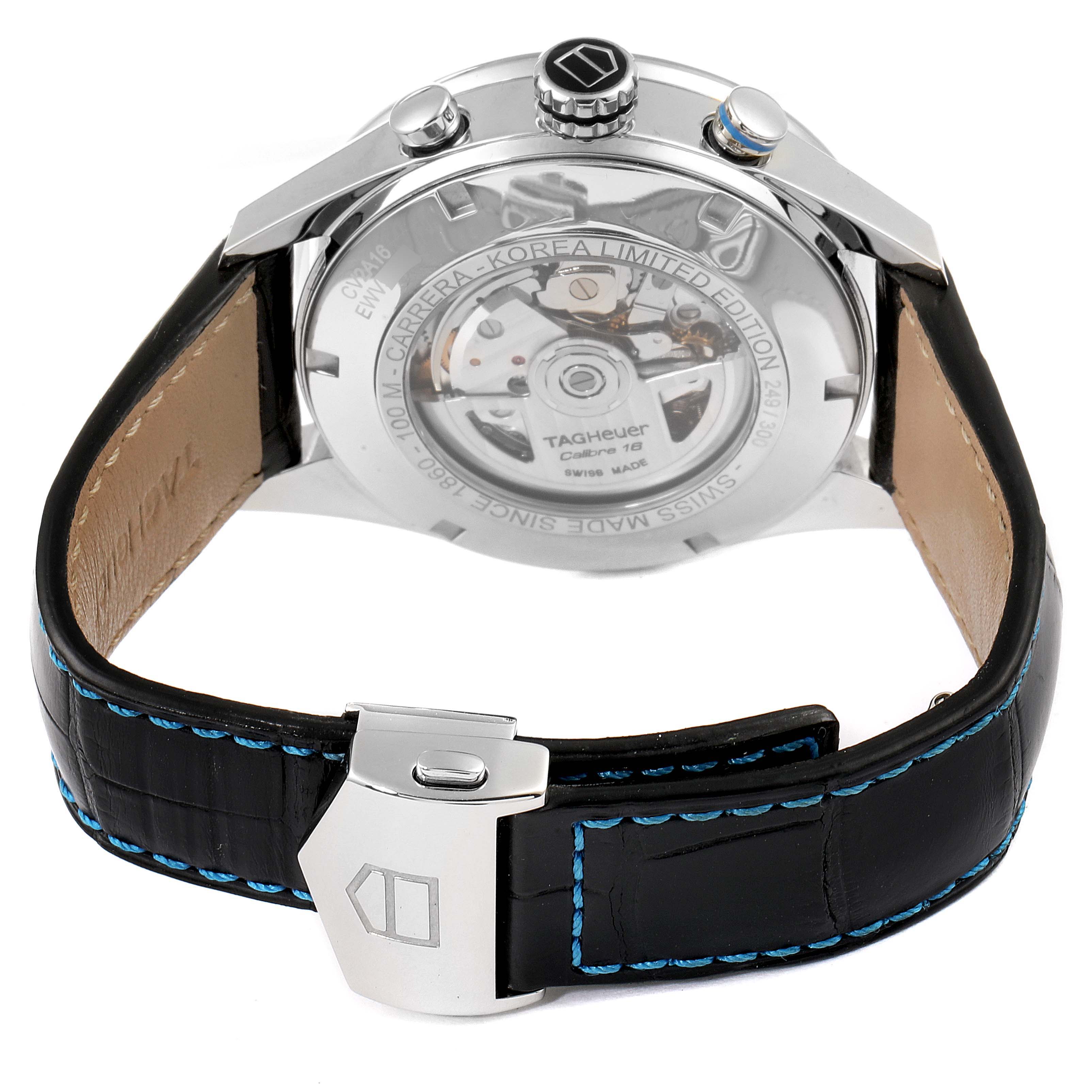 The image shows the back view of the Tag Heuer Carrera CV2A1C.FC6272 Men
s Stainless Steel Black Dial CV2A1C.FC6272 Men
s Stainless Steel Black Dial watch, highlighting the transparent case back and the clasp.