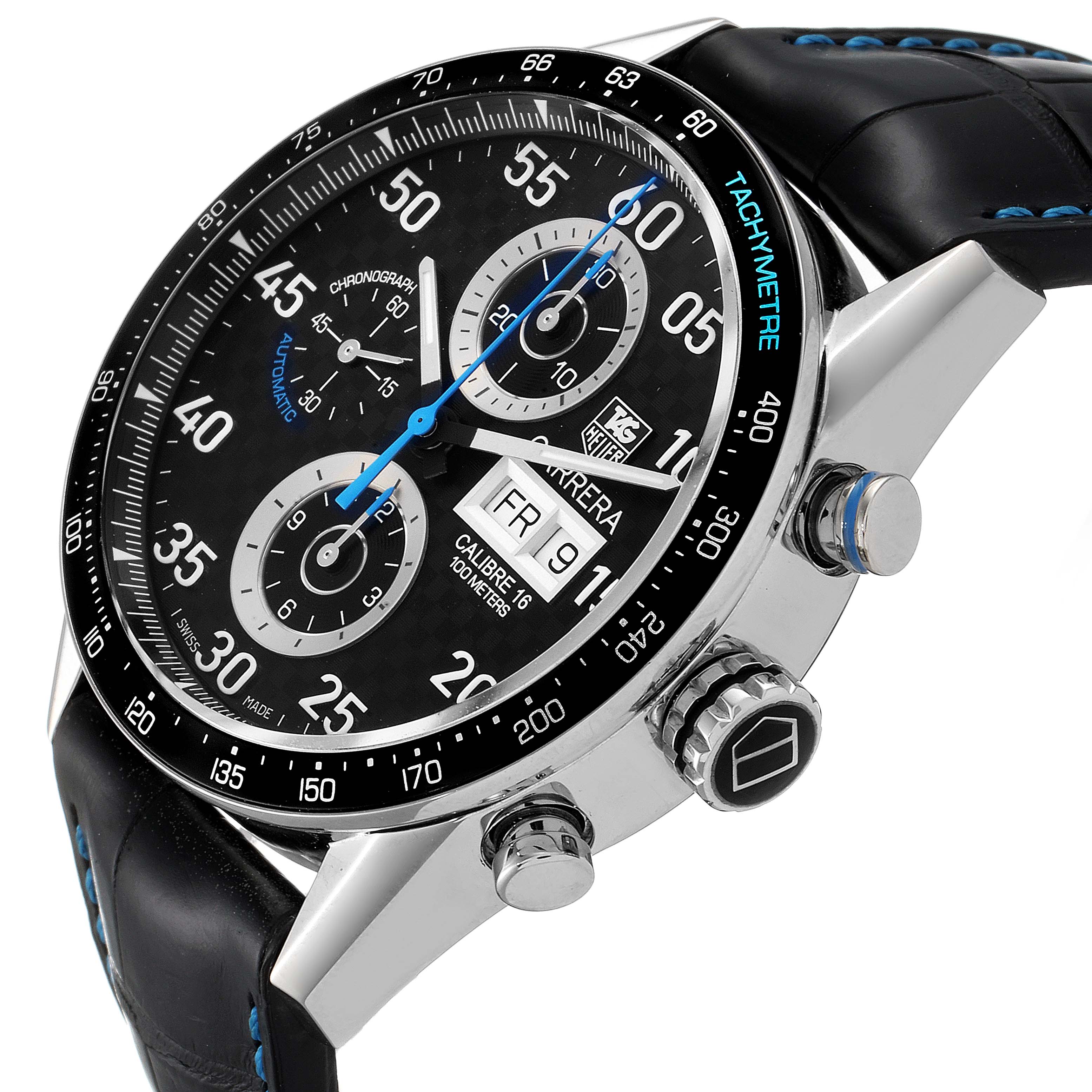 The image shows a close-up side angle of the Tag Heuer Carrera CV2A1C.FC6272 Men
s Stainless Steel Black Dial CV2A1C.FC6272 Men
s Stainless Steel Black Dial watch, highlighting its face, buttons, and part of the strap.