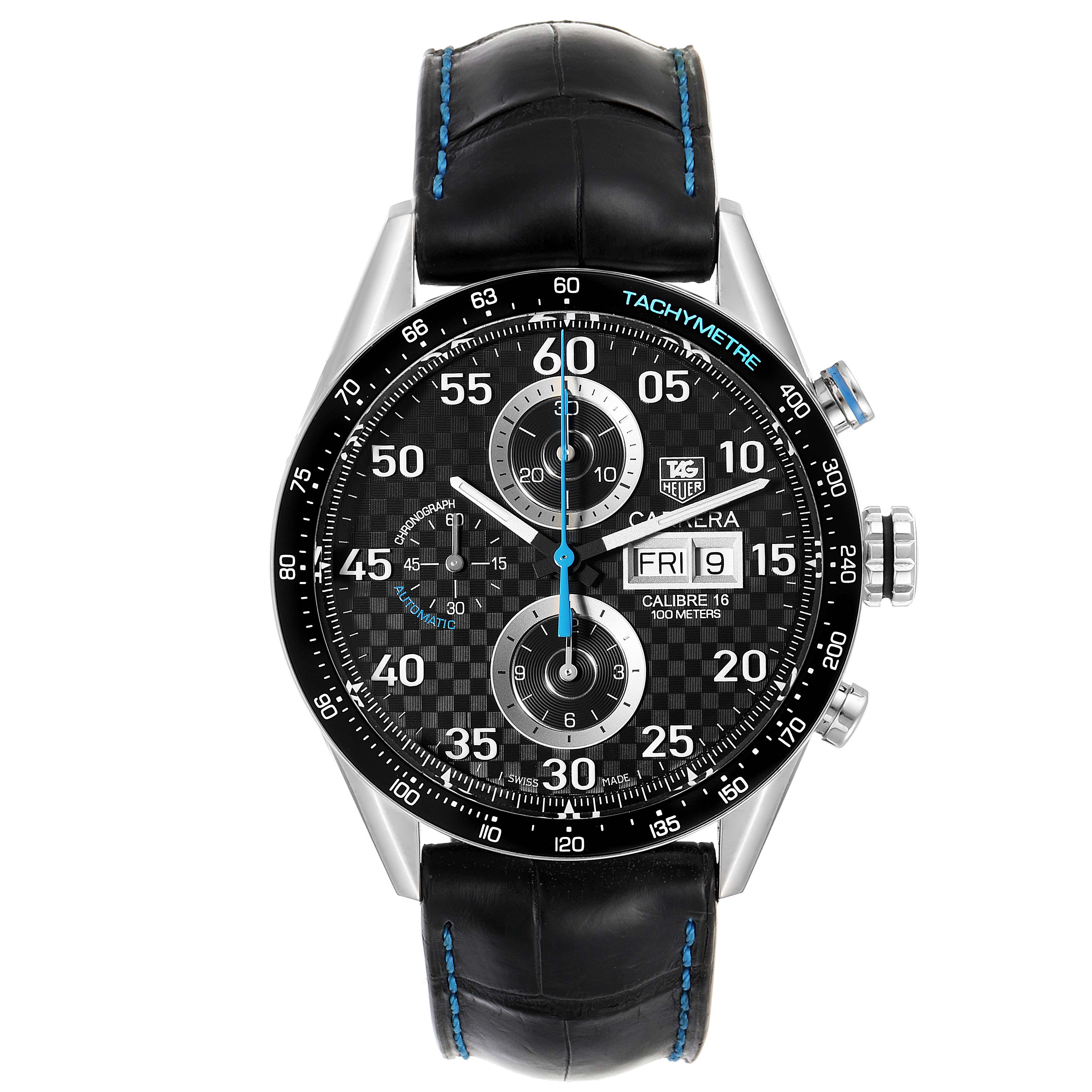 The image shows a full frontal view of a Tag Heuer Carrera CV2A1C.FC6272 Men
s Stainless Steel Black Dial CV2A1C.FC6272 Men
s Stainless Steel Black Dial watch, displaying its face, dials, and leather strap with blue stitching.
